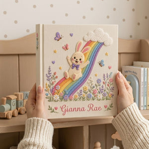 Hand Embroidered Baby Photo Album, Personalized Baby Album, Custom Name Keepsake Book, Bunny Rainbow Baby Memory Book Gift