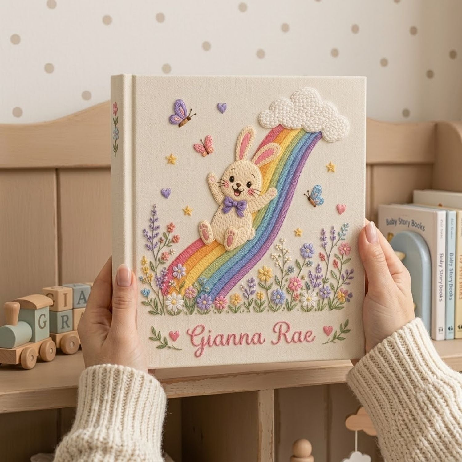 Hand Embroidered Baby Photo Album, Personalized Baby Album, Custom Name Keepsake Book, Bunny Rainbow Baby Memory Book Gift