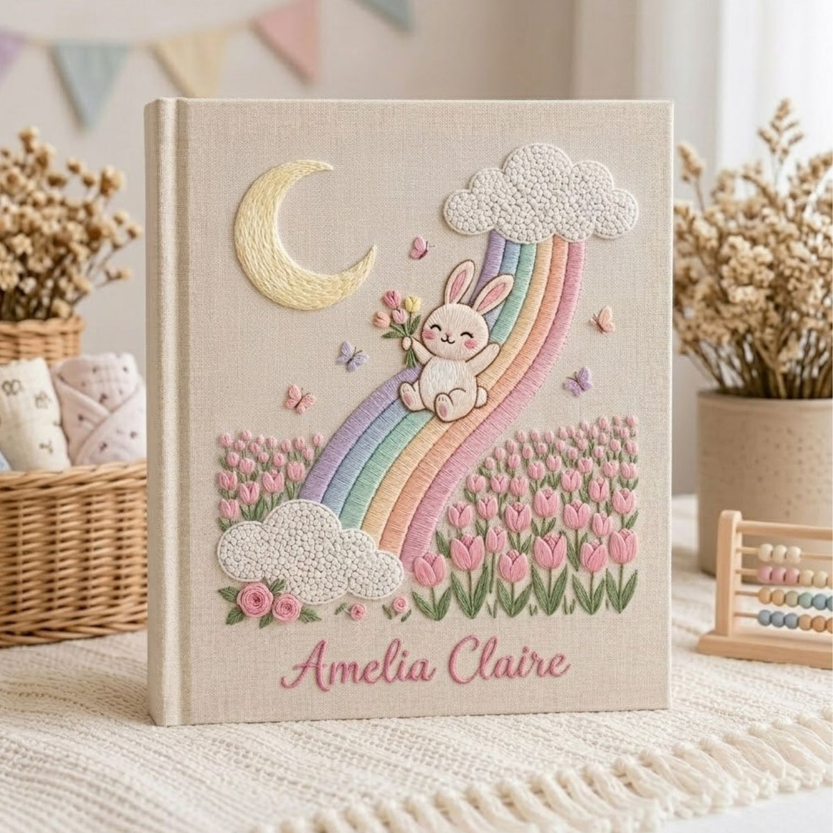 Hand Embroidered Baby Photo Album, Personalized Baby Album, Custom Name Memory Book, Bunny Rainbow Tulip Keepsake Gift