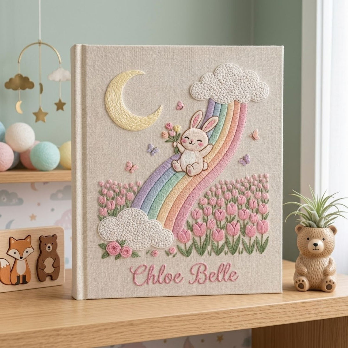 Hand Embroidered Baby Photo Album, Personalized Baby Album, Custom Name Memory Book, Bunny Rainbow Tulip Keepsake Gift