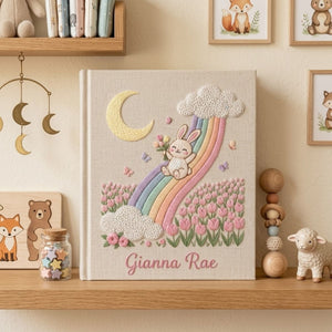 Hand Embroidered Baby Photo Album, Personalized Baby Album, Custom Name Memory Book, Bunny Rainbow Tulip Keepsake Gift