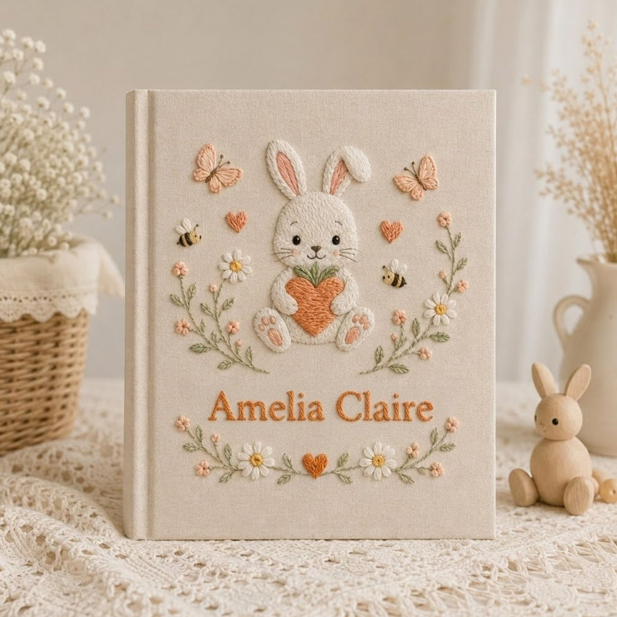 Hand Embroidered Baby Photo Album, Personalized Baby Album, Custom Name Memory Book, Bunny Daisy Keepsake Gift for Baby
