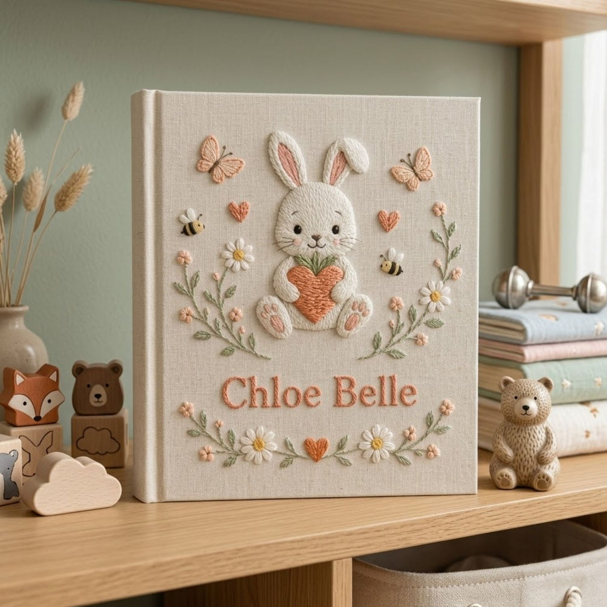 Hand Embroidered Baby Photo Album, Personalized Baby Album, Custom Name Memory Book, Bunny Daisy Keepsake Gift for Baby