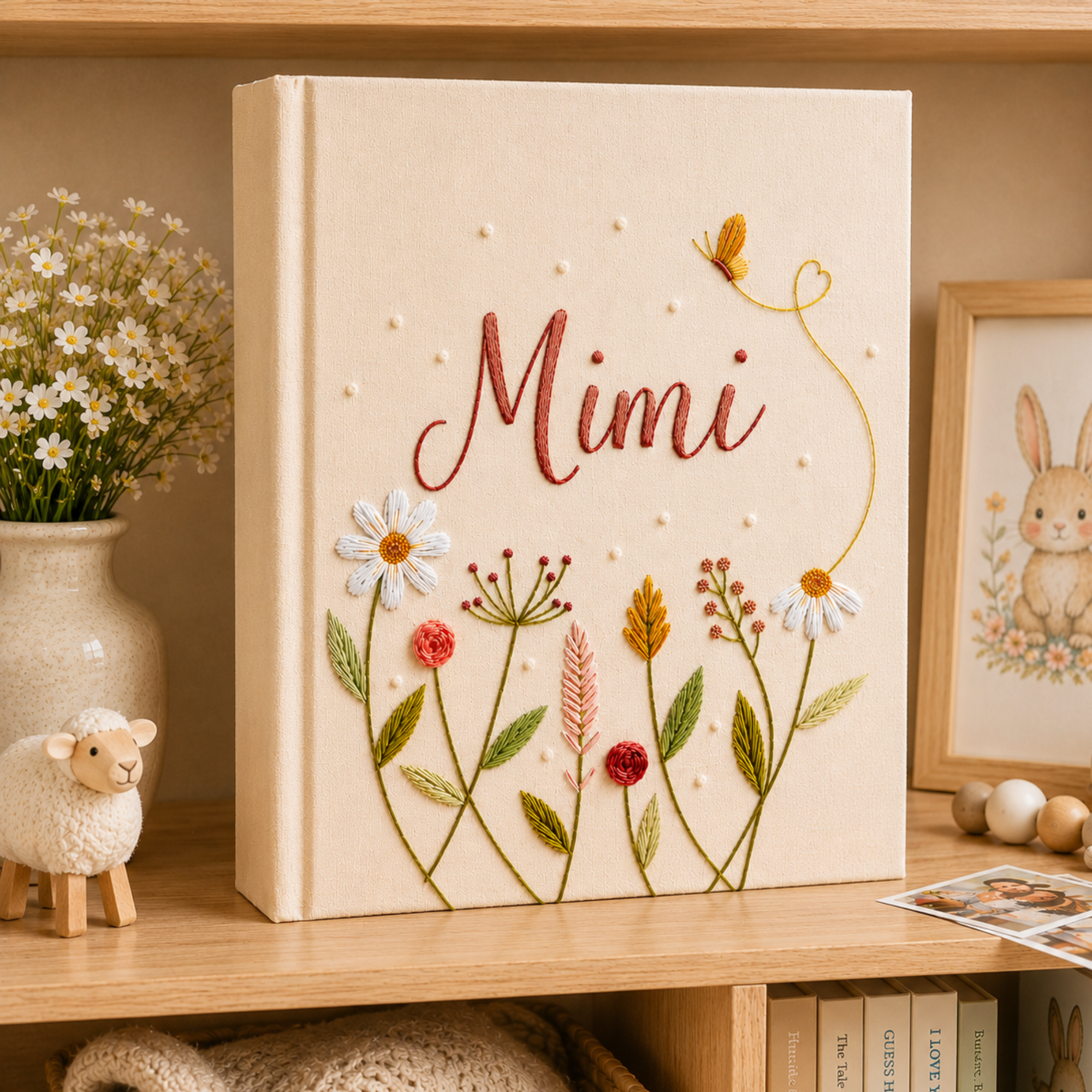 Custom Hand Embroidered Keepsake Album, Embroidered Photo Album With Sleeves, Floral Butterfly Scrapbook, Unique Keepsake Album,Gift For Mom