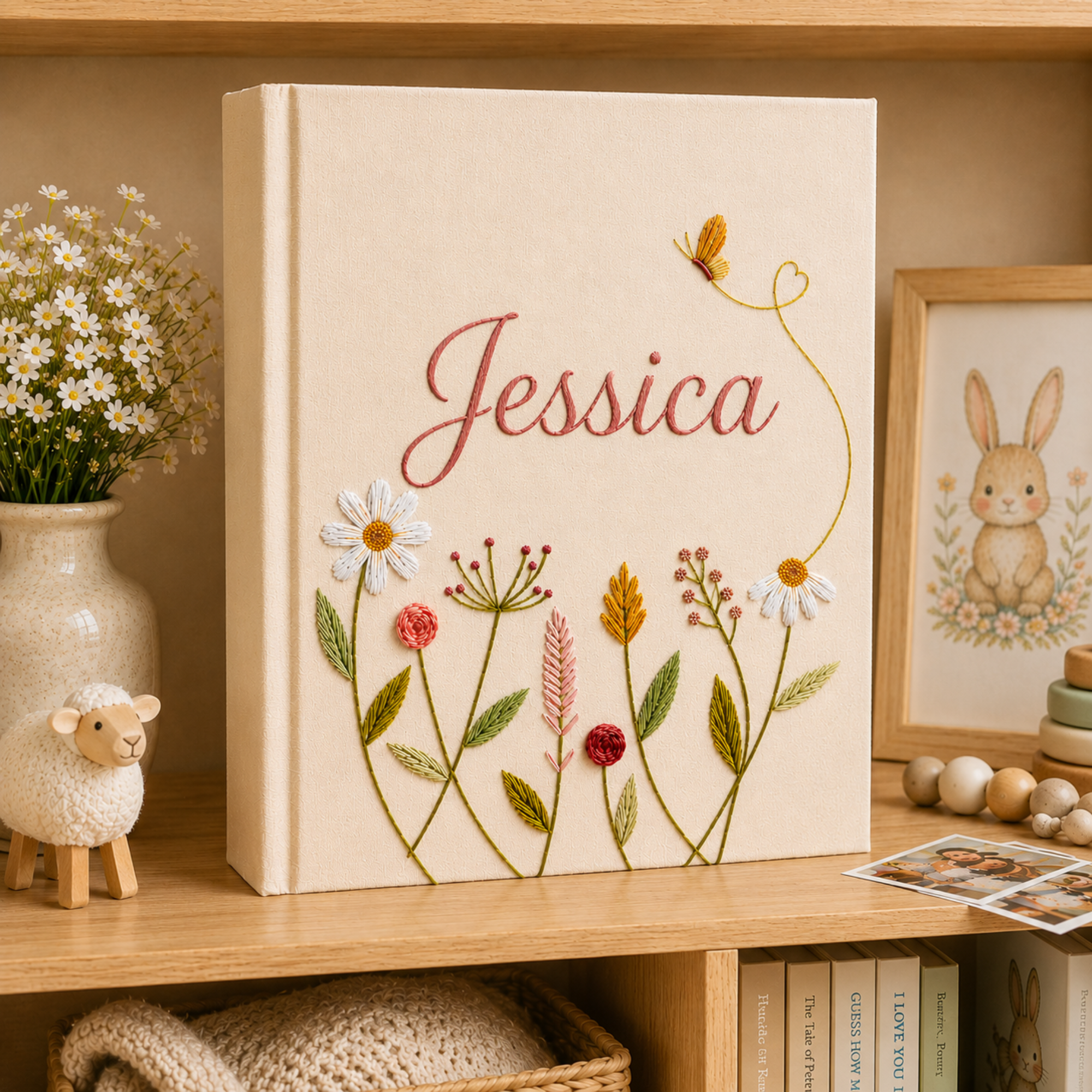 Custom Hand Embroidered Keepsake Album, Embroidered Photo Album With Sleeves, Floral Butterfly Scrapbook, Unique Keepsake Album,Gift For Mom
