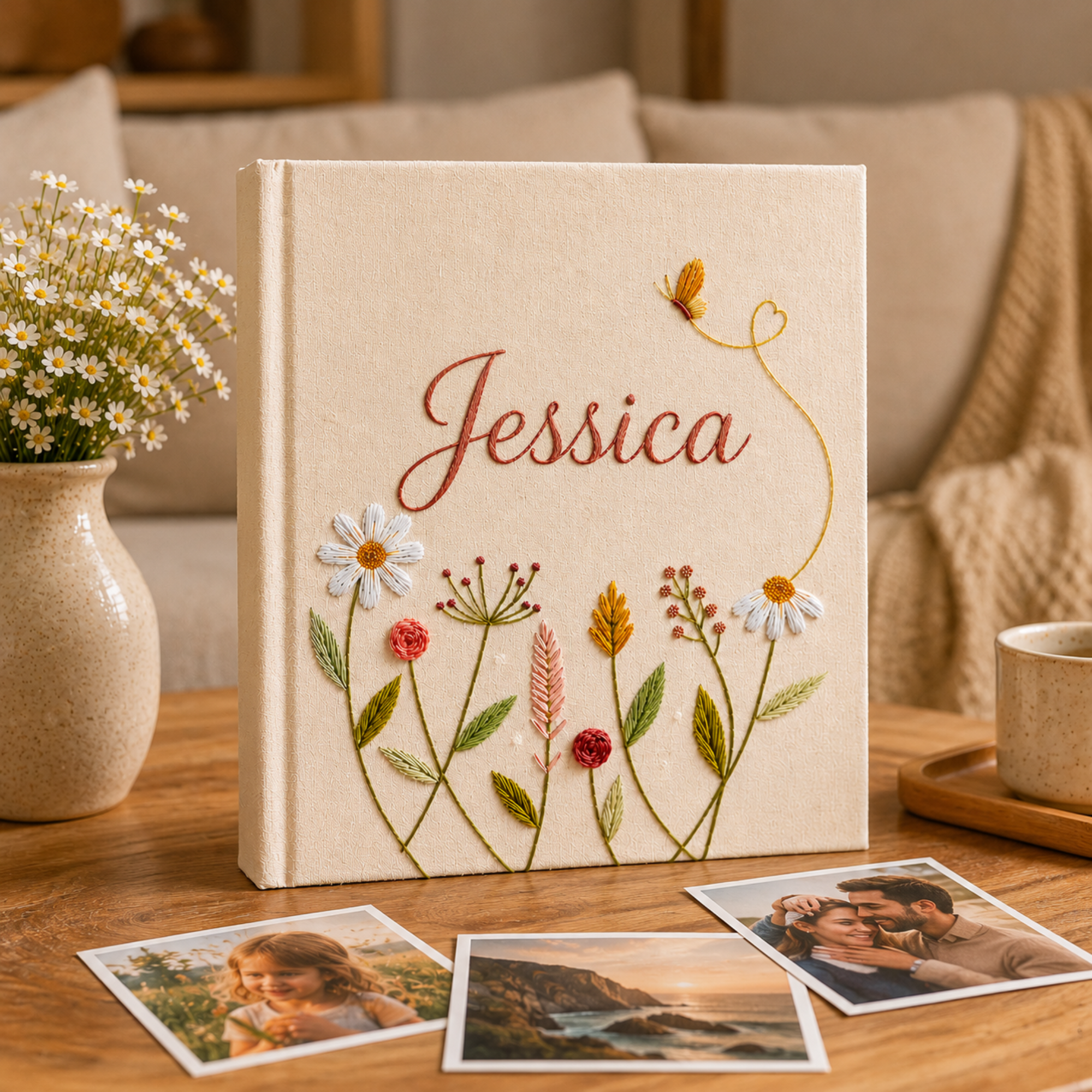Custom Hand Embroidered Keepsake Album, Embroidered Photo Album With Sleeves, Floral Butterfly Scrapbook, Unique Keepsake Album,Gift For Mom