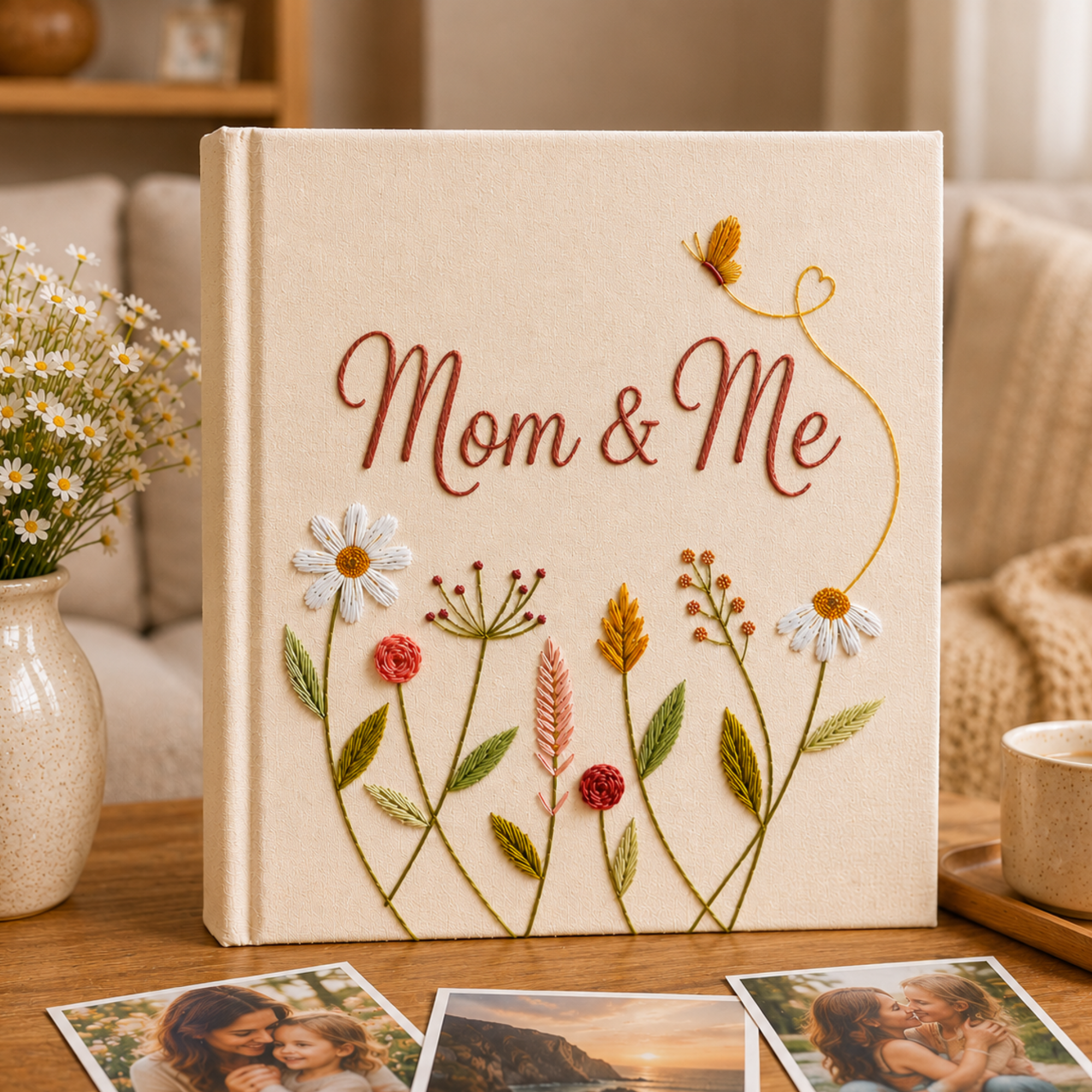 Custom Hand Embroidered Keepsake Album, Embroidered Photo Album With Sleeves, Floral Butterfly Scrapbook, Unique Keepsake Album,Gift For Mom