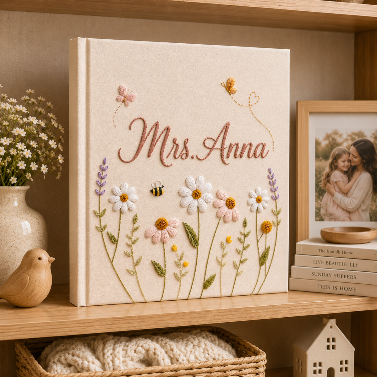 Custom Hand Embroidered Keepsake Album, Embroidered Photo Album With Sleeves, Floral Butterfly Scrapbook, Unique Keepsake Album