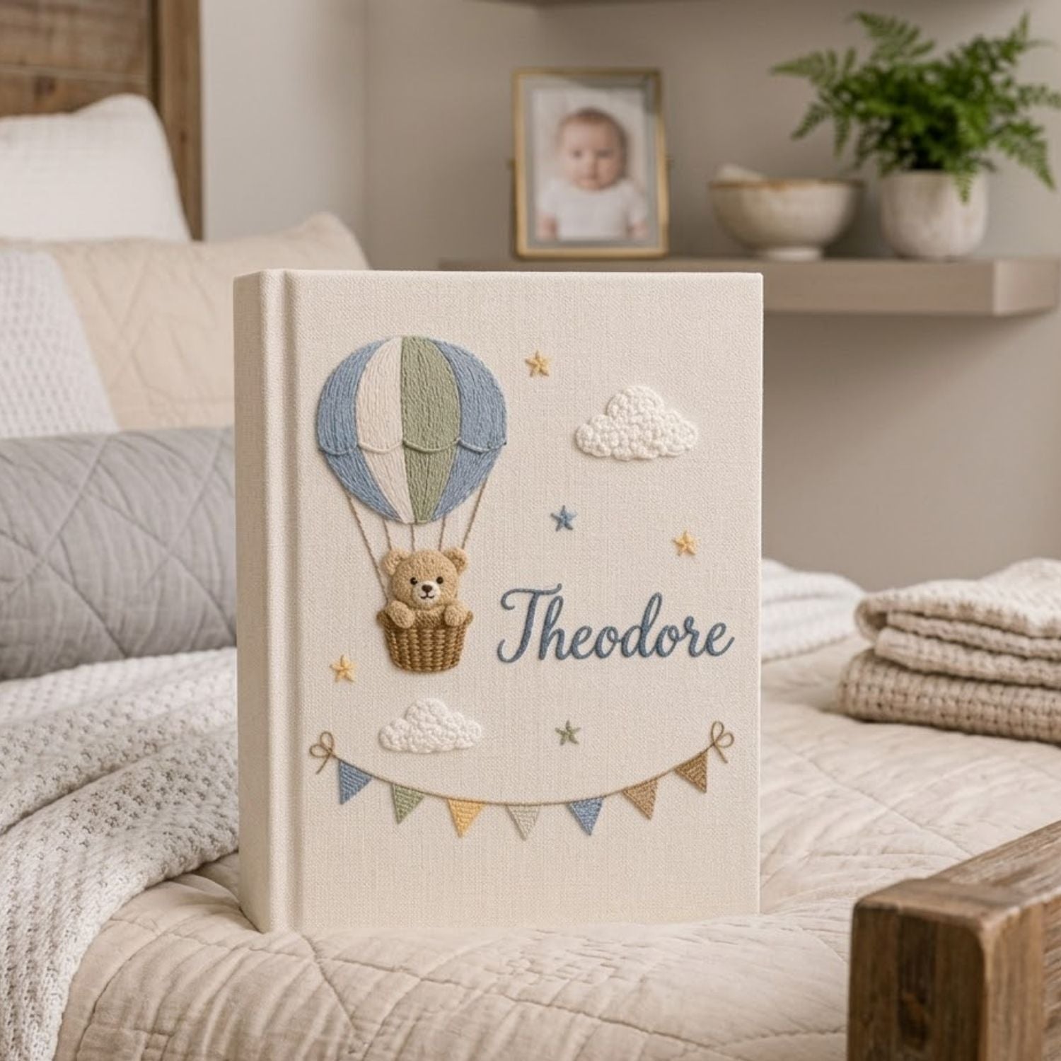 Personalized Baby Photo Album, Hand Embroidered Dinosaur Memory Book, Custom Name Keepsake, Woodland Nursery Gift, Newborn, Baby Shower Gift