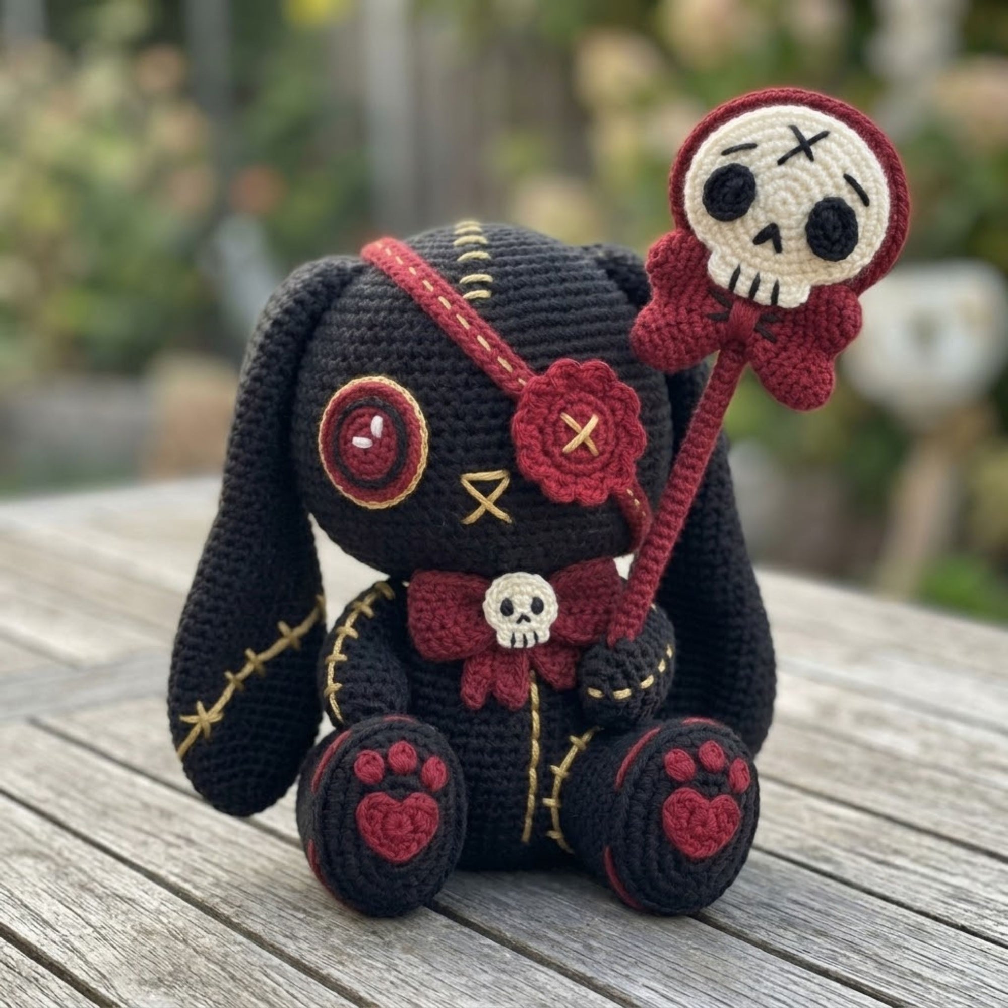 Crochet Gothic Bunny Amigurumi Plush, Handmade Skull Wand Stuffed Toy, Cute Spooky Nursery Decor, Custom 4 to 12 Inch Gift For Kids Room Toy