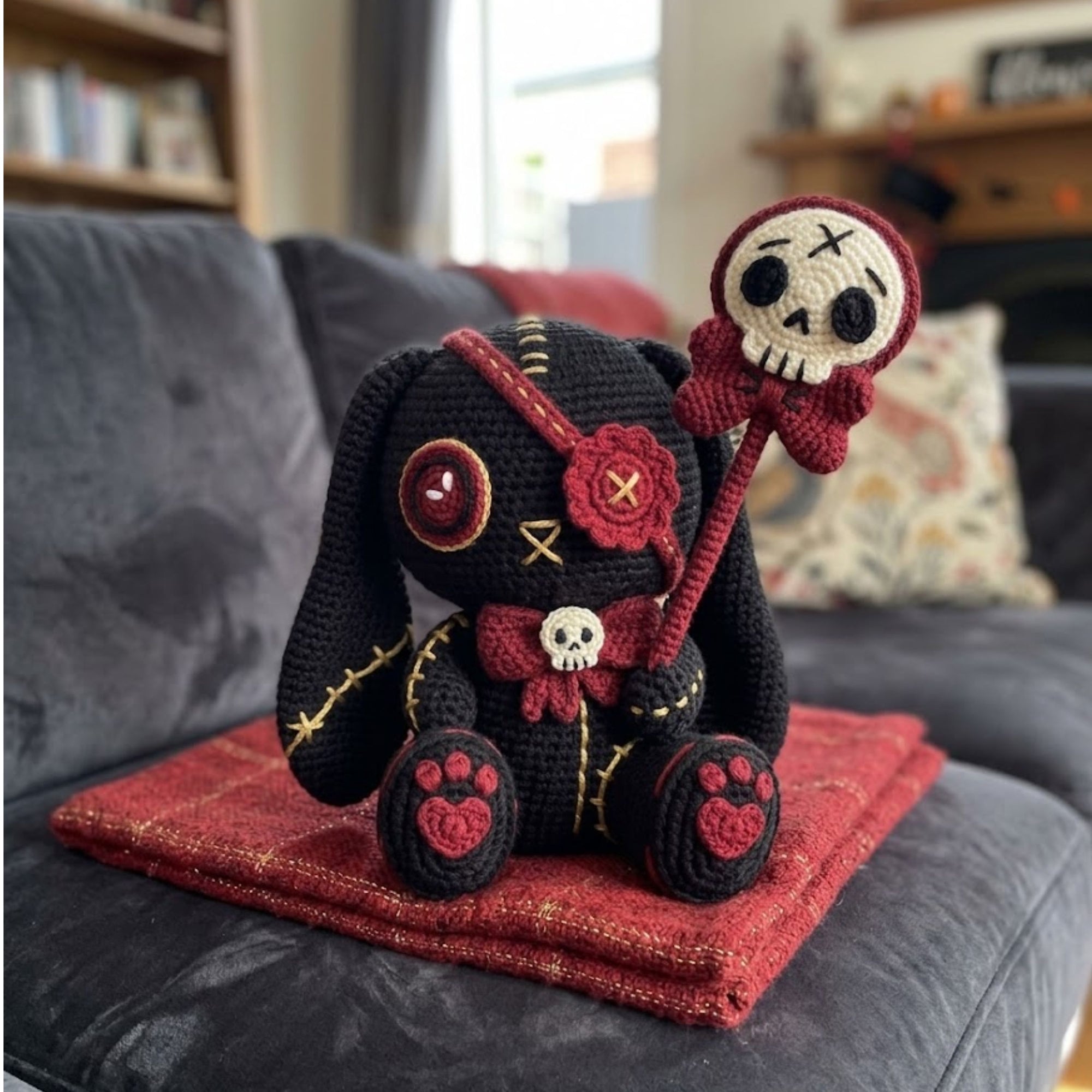 Crochet Gothic Bunny Amigurumi Plush, Handmade Skull Wand Stuffed Toy, Cute Spooky Nursery Decor, Custom 4 to 12 Inch Gift For Kids Room Toy