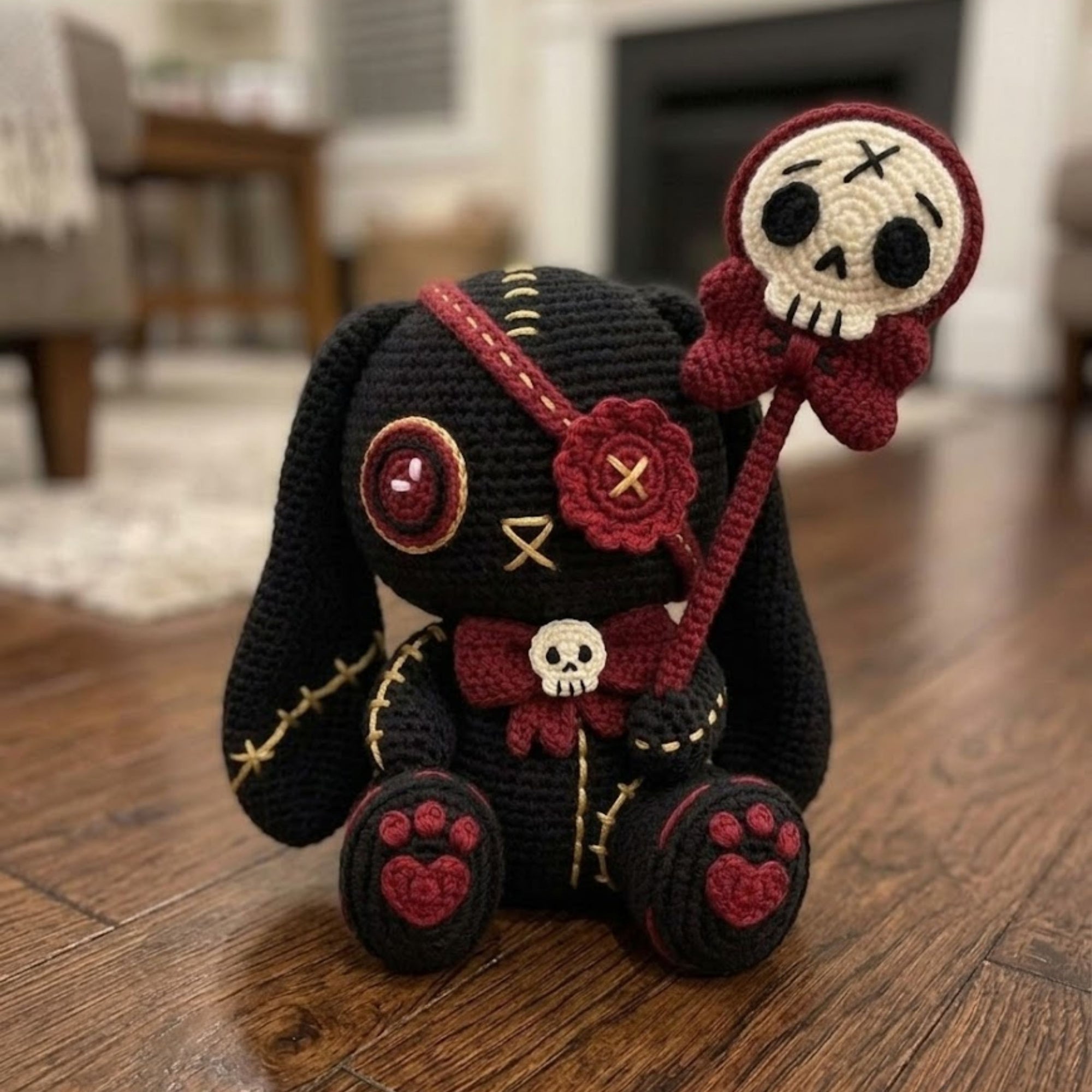 Crochet Gothic Bunny Amigurumi Plush, Handmade Skull Wand Stuffed Toy, Cute Spooky Nursery Decor, Custom 4 to 12 Inch Gift For Kids Room Toy