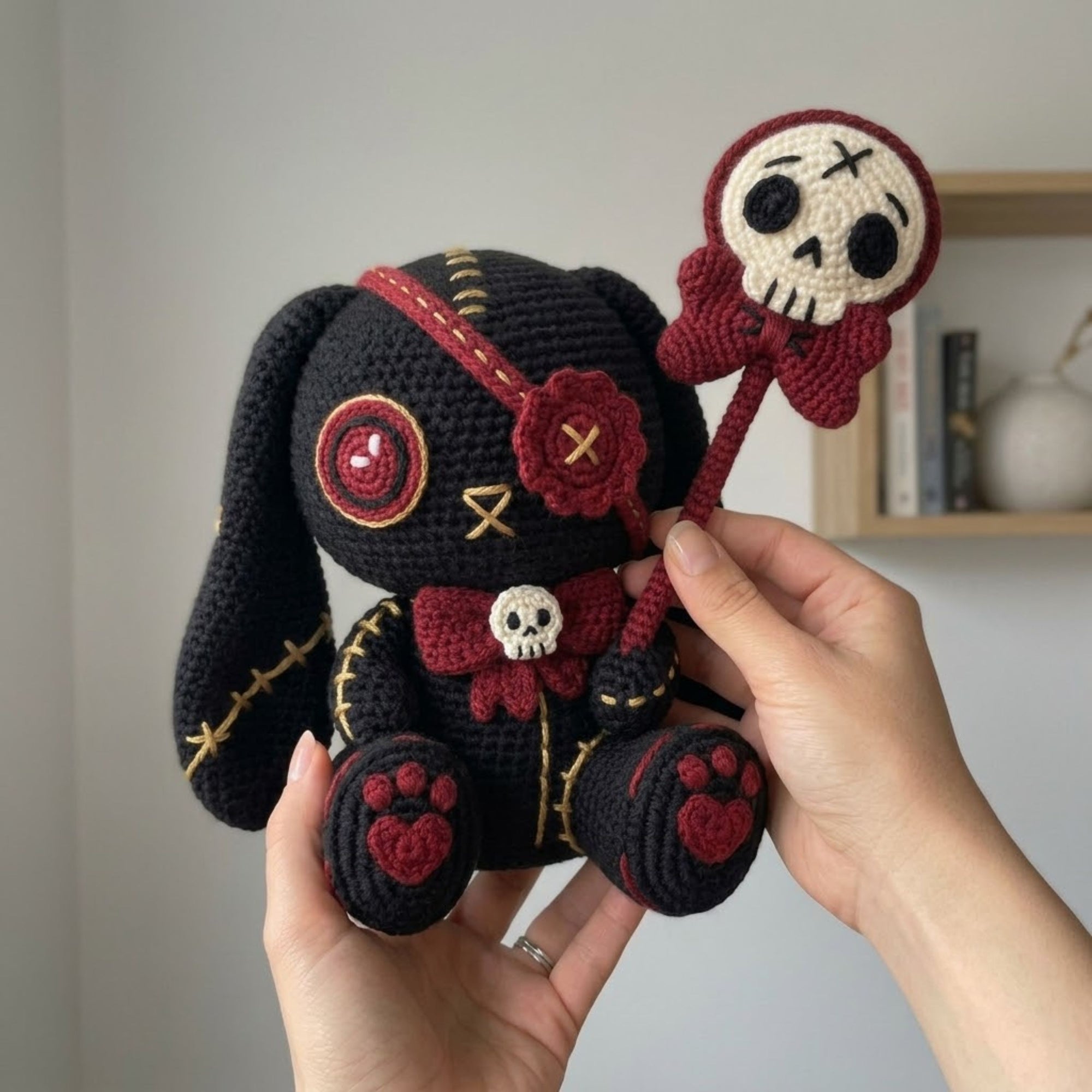 Crochet Gothic Bunny Amigurumi Plush, Handmade Skull Wand Stuffed Toy, Cute Spooky Nursery Decor, Custom 4 to 12 Inch Gift For Kids Room Toy