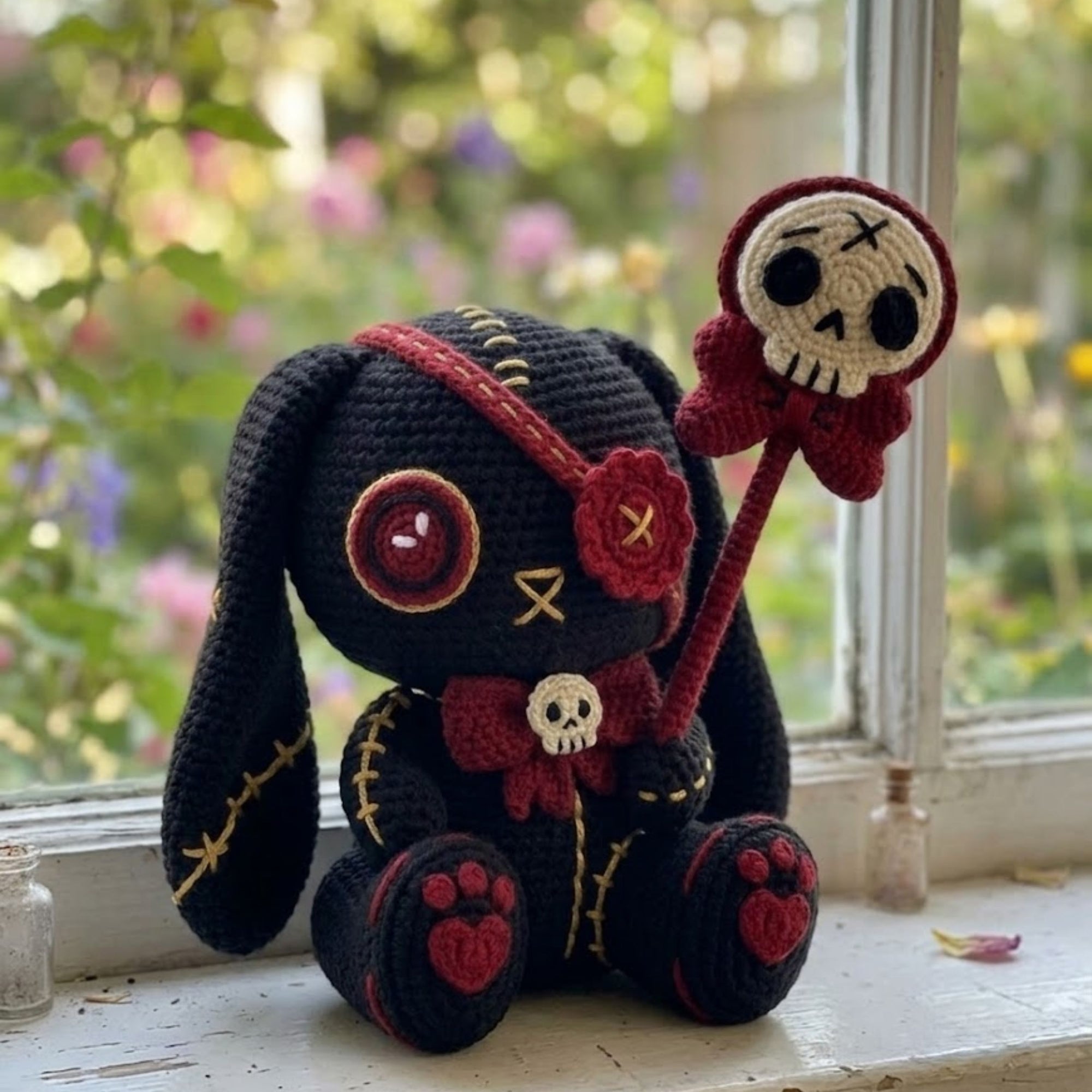 Crochet Gothic Bunny Amigurumi Plush, Handmade Skull Wand Stuffed Toy, Cute Spooky Nursery Decor, Custom 4 to 12 Inch Gift For Kids Room Toy