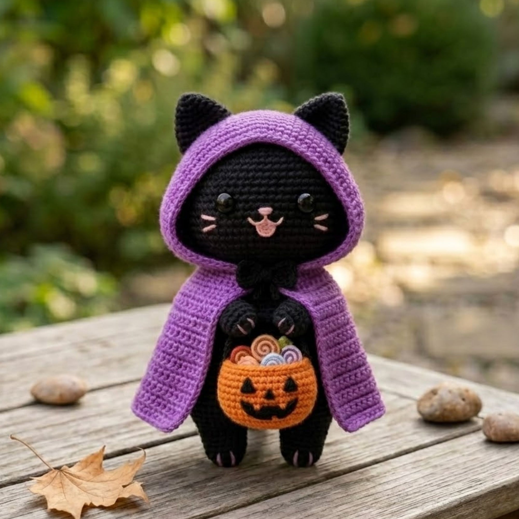 Crochet Halloween Cat Amigurumi Plush, Handmade Purple Hood Black Kitty Stuffed Toy, Cute Pumpkin Basket Gift, Custom 4-12 Inch Decor Plush