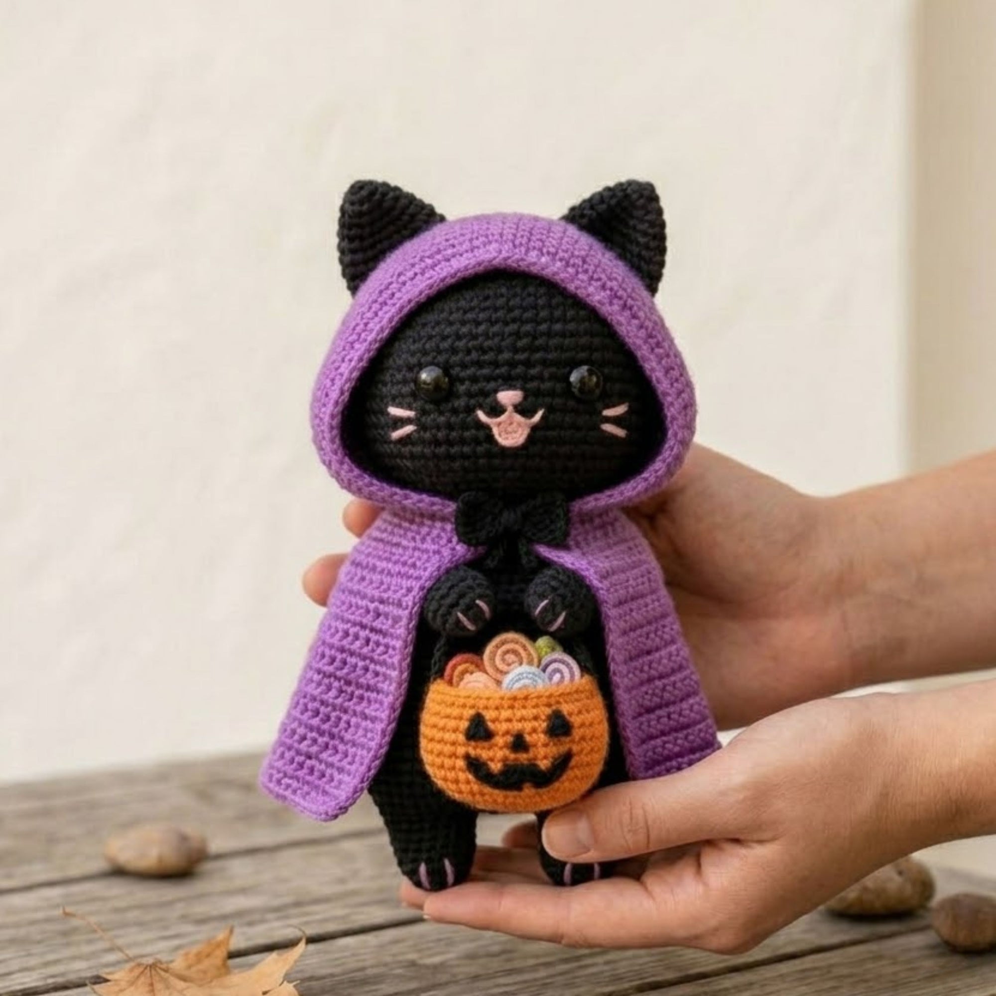 Crochet Halloween Cat Amigurumi Plush, Handmade Purple Hood Black Kitty Stuffed Toy, Cute Pumpkin Basket Gift, Custom 4-12 Inch Decor Plush