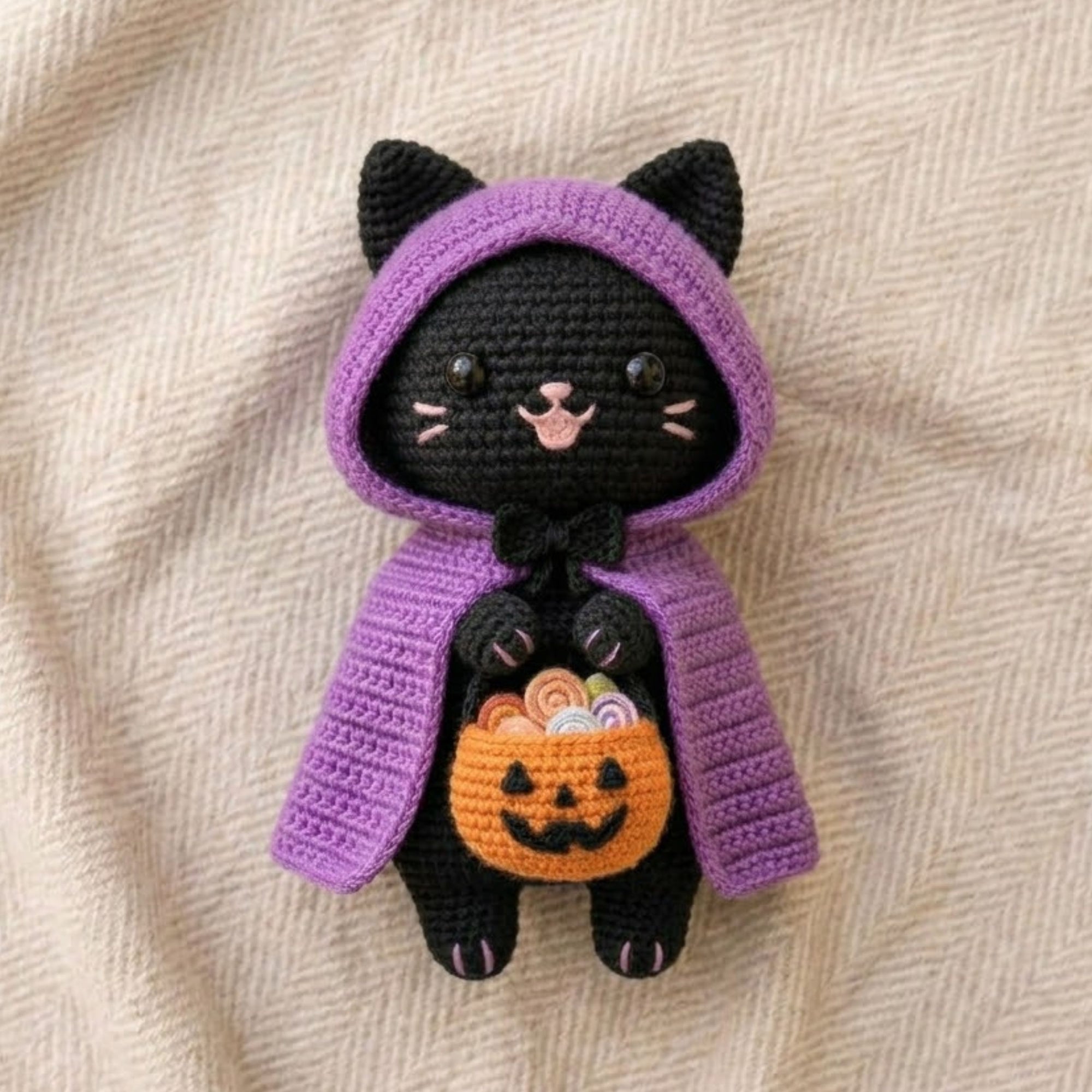 Crochet Halloween Cat Amigurumi Plush, Handmade Purple Hood Black Kitty Stuffed Toy, Cute Pumpkin Basket Gift, Custom 4-12 Inch Decor Plush