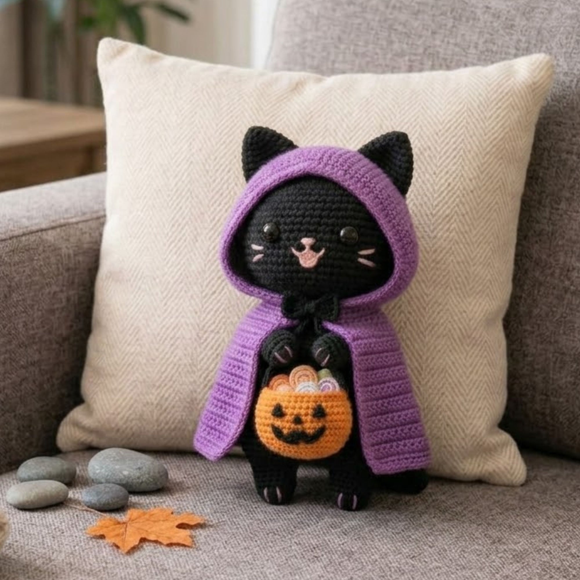Crochet Halloween Cat Amigurumi Plush, Handmade Purple Hood Black Kitty Stuffed Toy, Cute Pumpkin Basket Gift, Custom 4-12 Inch Decor Plush