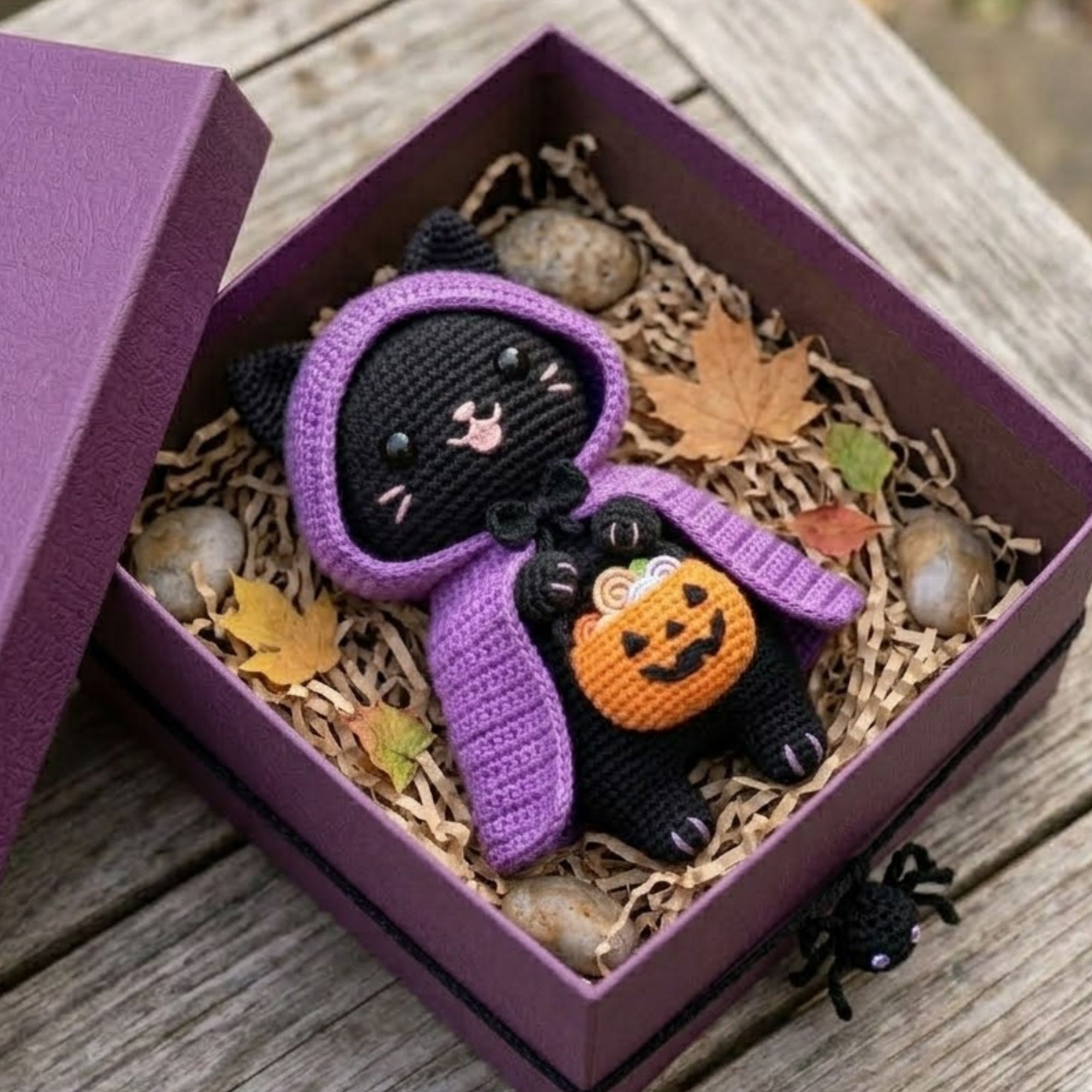 Crochet Halloween Cat Amigurumi Plush, Handmade Purple Hood Black Kitty Stuffed Toy, Cute Pumpkin Basket Gift, Custom 4-12 Inch Decor Plush
