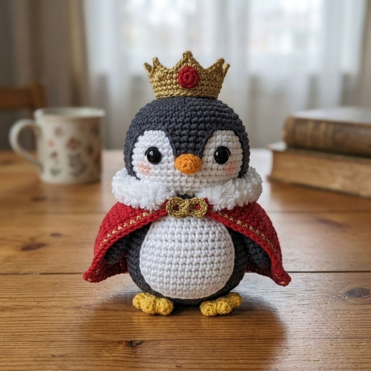 Crochet King Penguin Amigurumi Plush, Handmade Royal Bird Stuffed Toy, Cute Crown Cape Nursery Decor, Custom 4 to 12 Inch Gift For Kids Room