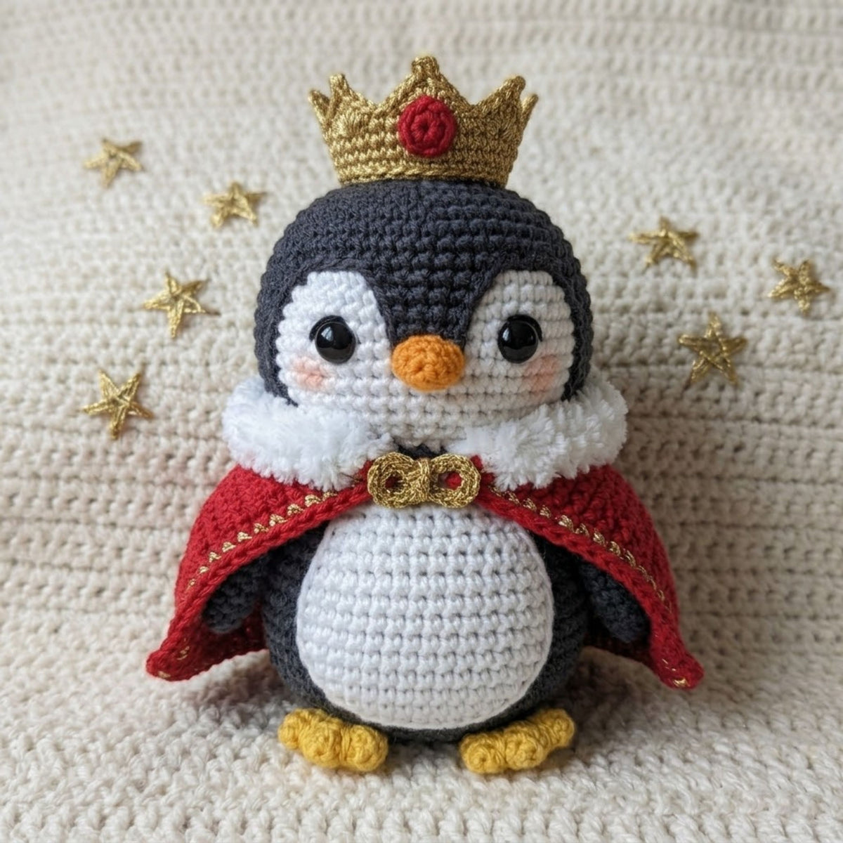 Crochet King Penguin Amigurumi Plush, Handmade Royal Bird Stuffed Toy, Cute Crown Cape Nursery Decor, Custom 4 to 12 Inch Gift For Kids Room