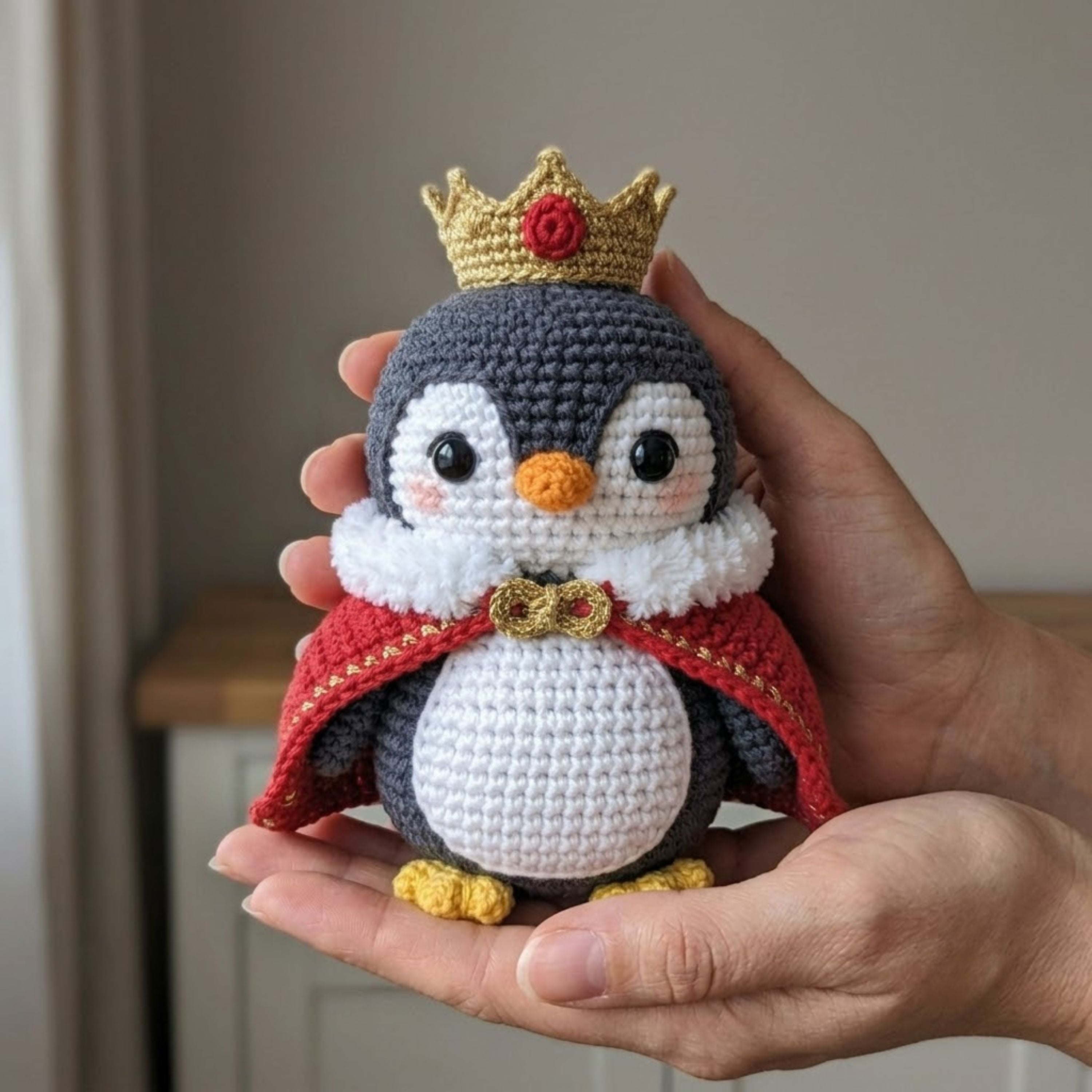 Crochet King Penguin Amigurumi Plush, Handmade Royal Bird Stuffed Toy, Cute Crown Cape Nursery Decor, Custom 4 to 12 Inch Gift For Kids Room