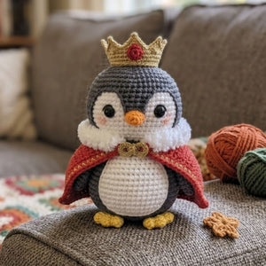 Crochet King Penguin Amigurumi Plush, Handmade Royal Bird Stuffed Toy, Cute Crown Cape Nursery Decor, Custom 4 to 12 Inch Gift For Kids Room