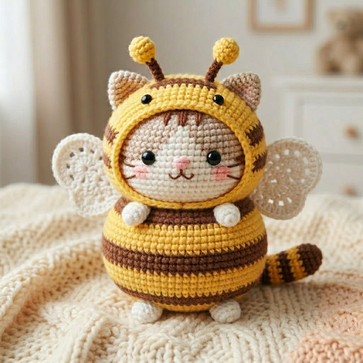 Crochet Bee Cat Amigurumi Plush, Handmade Bumblebee Kitty Stuffed Toy, Cute Nursery Decor, Custom 4-12 Inch Soft Gift For Kids Room Plush