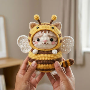 Crochet Bee Cat Amigurumi Plush, Handmade Bumblebee Kitty Stuffed Toy, Cute Nursery Decor, Custom 4-12 Inch Soft Gift For Kids Room Plush