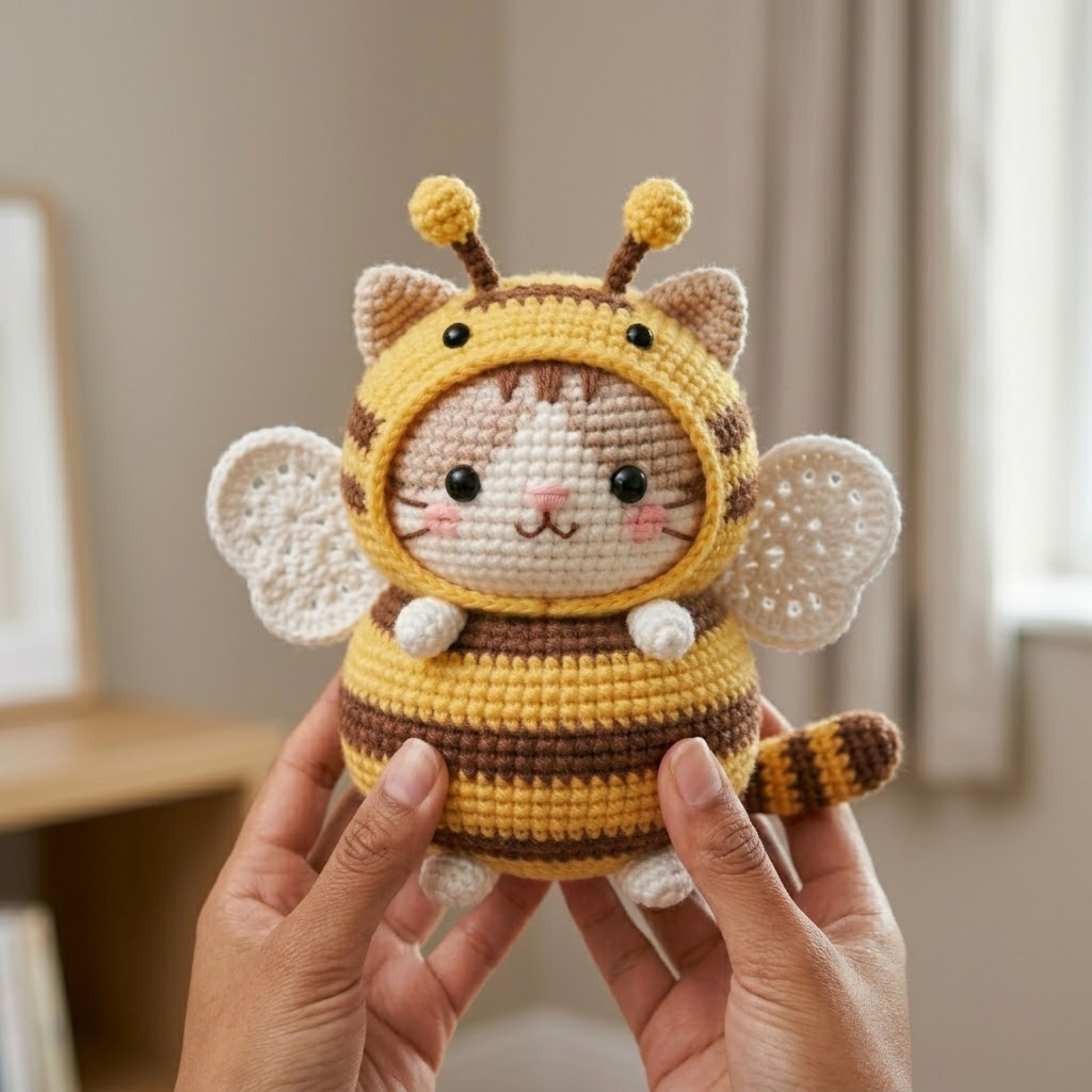 Crochet Bee Cat Amigurumi Plush, Handmade Bumblebee Kitty Stuffed Toy, Cute Nursery Decor, Custom 4-12 Inch Soft Gift For Kids Room Plush