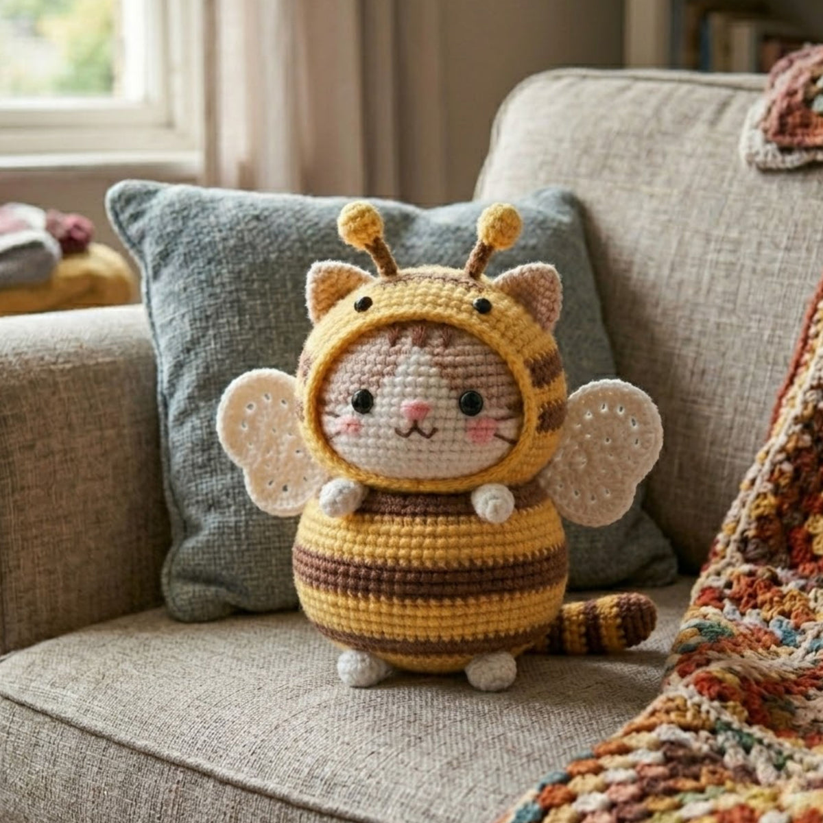 Crochet Bee Cat Amigurumi Plush, Handmade Bumblebee Kitty Stuffed Toy, Cute Nursery Decor, Custom 4-12 Inch Soft Gift For Kids Room Plush