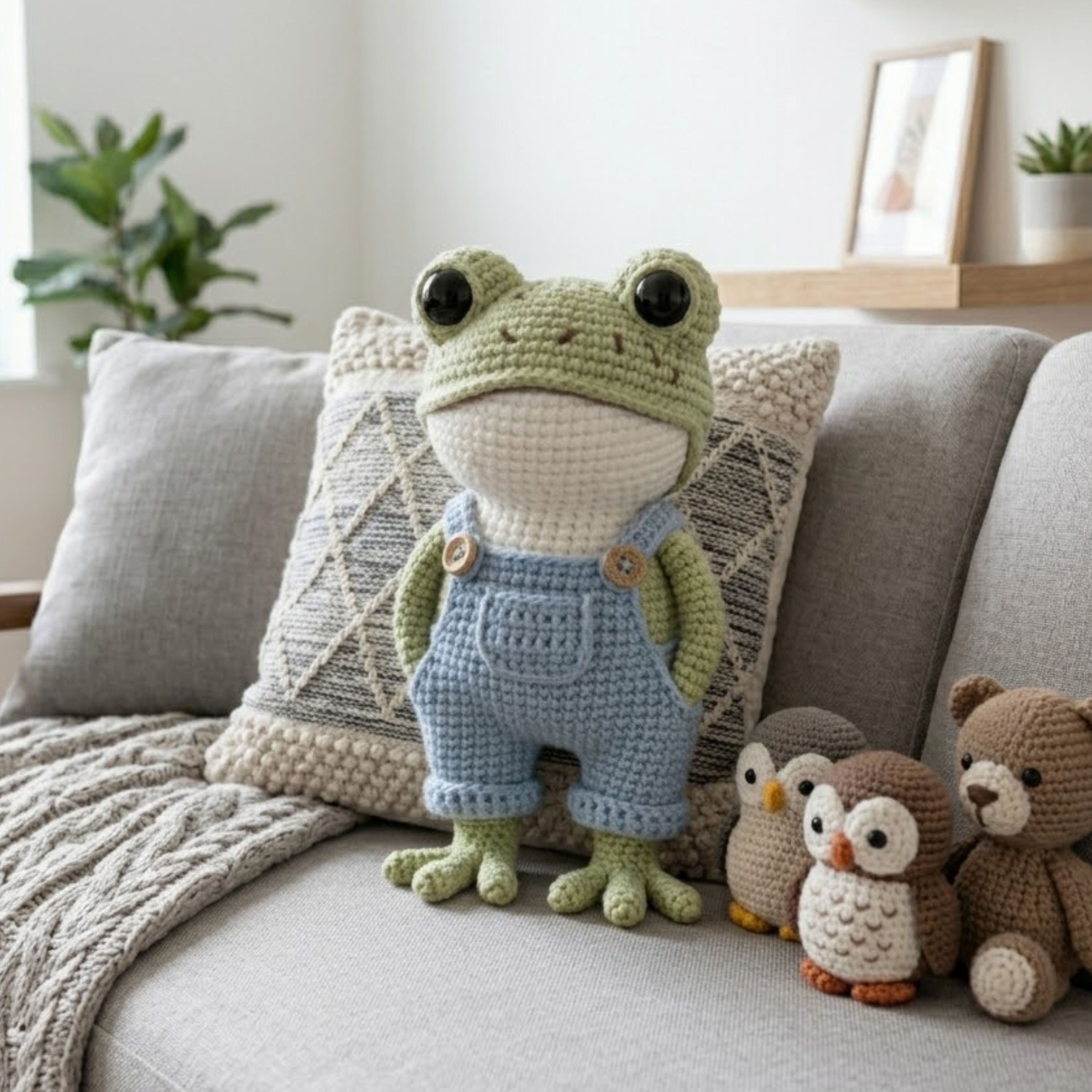 Crochet Frog Amigurumi Plush, Handmade Overall Frog Stuffed Toy, Cute Nursery Decor, Custom 4-12 Inch Soft Gift For Kids Room Decor Toy Doll