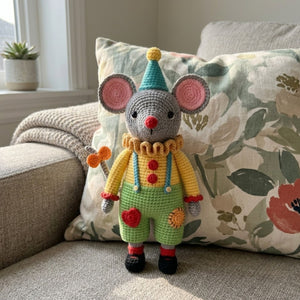 Crochet Clown Mouse Amigurumi Plush, Handmade Circus Mouse Stuffed Toy, Cute Nursery Decor, Custom 4 to 12 Inch Soft Gift For Kids Room Toy