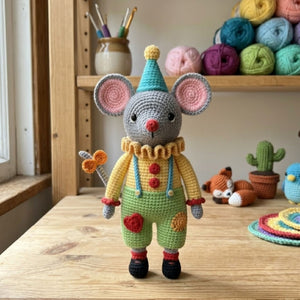 Crochet Clown Mouse Amigurumi Plush, Handmade Circus Mouse Stuffed Toy, Cute Nursery Decor, Custom 4 to 12 Inch Soft Gift For Kids Room Toy