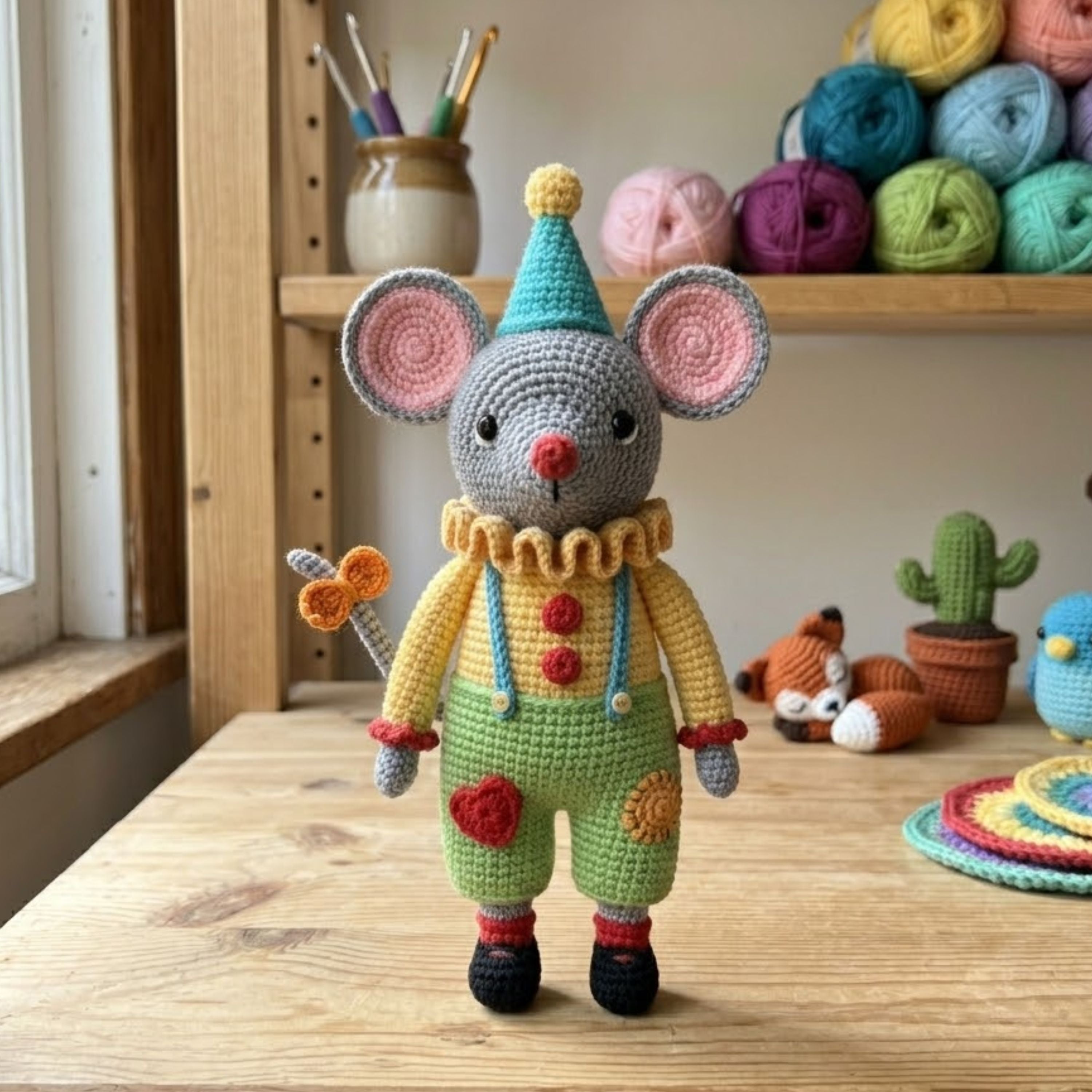Crochet Clown Mouse Amigurumi Plush, Handmade Circus Mouse Stuffed Toy, Cute Nursery Decor, Custom 4 to 12 Inch Soft Gift For Kids Room Toy