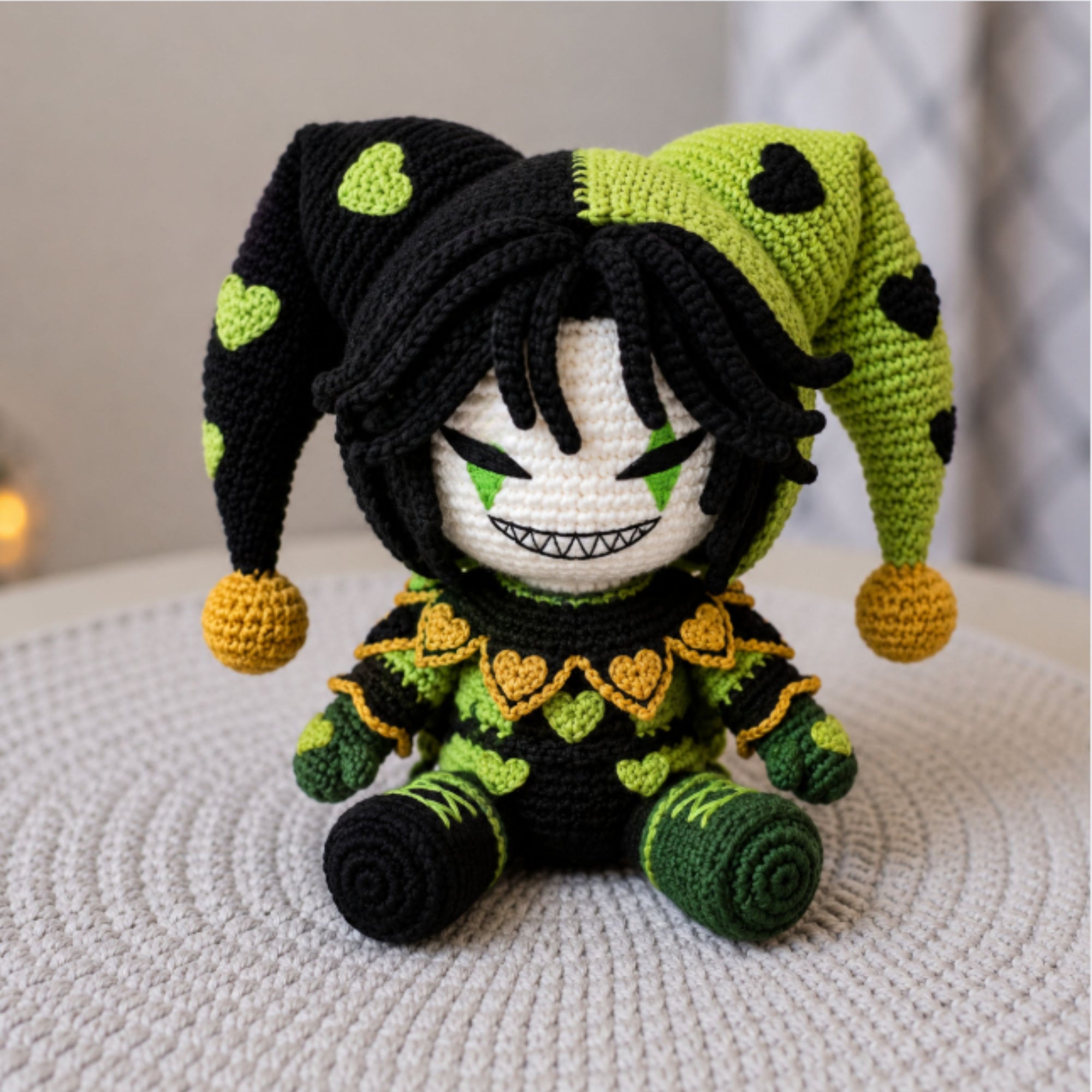 Crochet Jester Doll Amigurumi Plush, Handmade Green Black Stuffed Toy, Cute Gothic Nursery Decor, Custom 4-12 Inch Gift For Kids Room Plush