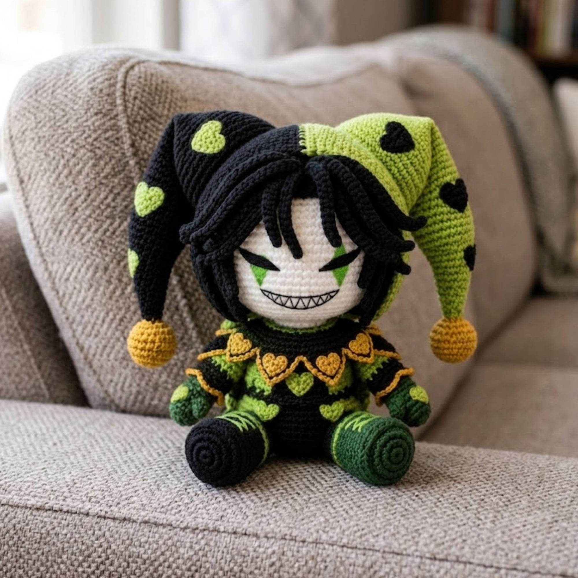 Crochet Jester Doll Amigurumi Plush, Handmade Green Black Stuffed Toy, Cute Gothic Nursery Decor, Custom 4-12 Inch Gift For Kids Room Plush