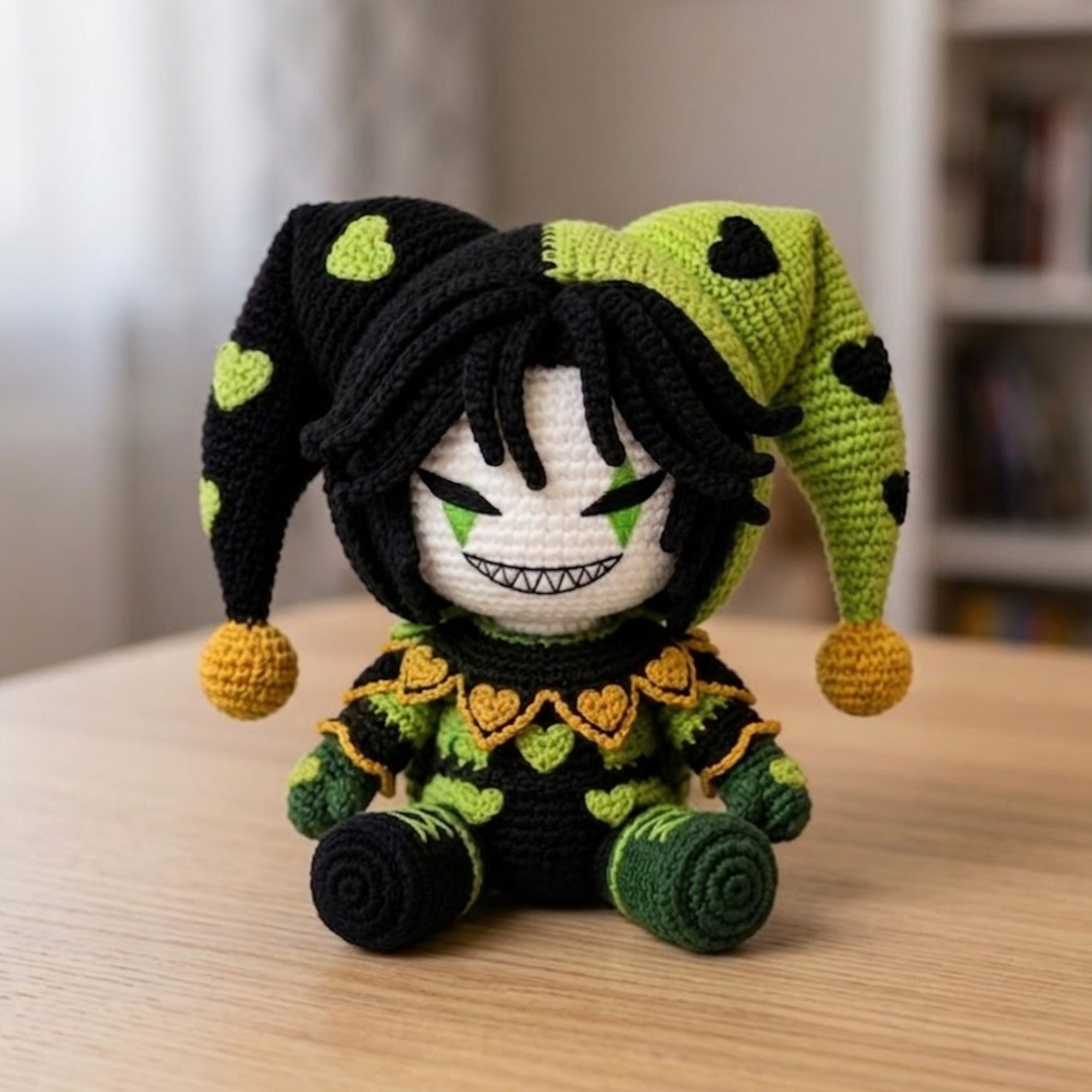 Crochet Jester Doll Amigurumi Plush, Handmade Green Black Stuffed Toy, Cute Gothic Nursery Decor, Custom 4-12 Inch Gift For Kids Room Plush
