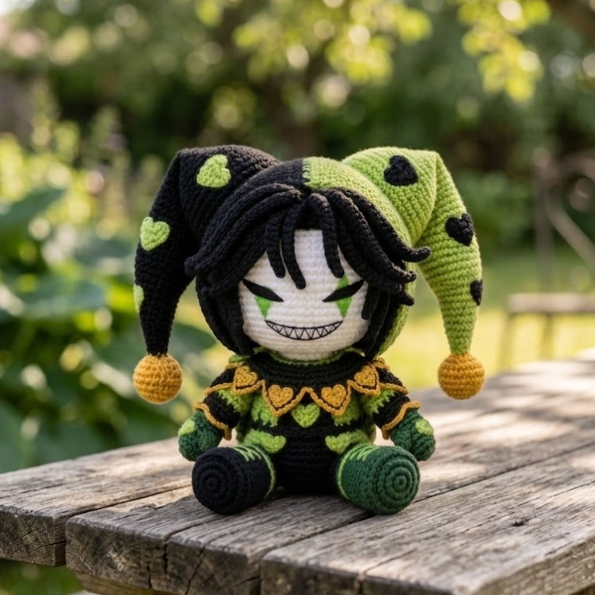 Crochet Jester Doll Amigurumi Plush, Handmade Green Black Stuffed Toy, Cute Gothic Nursery Decor, Custom 4-12 Inch Gift For Kids Room Plush