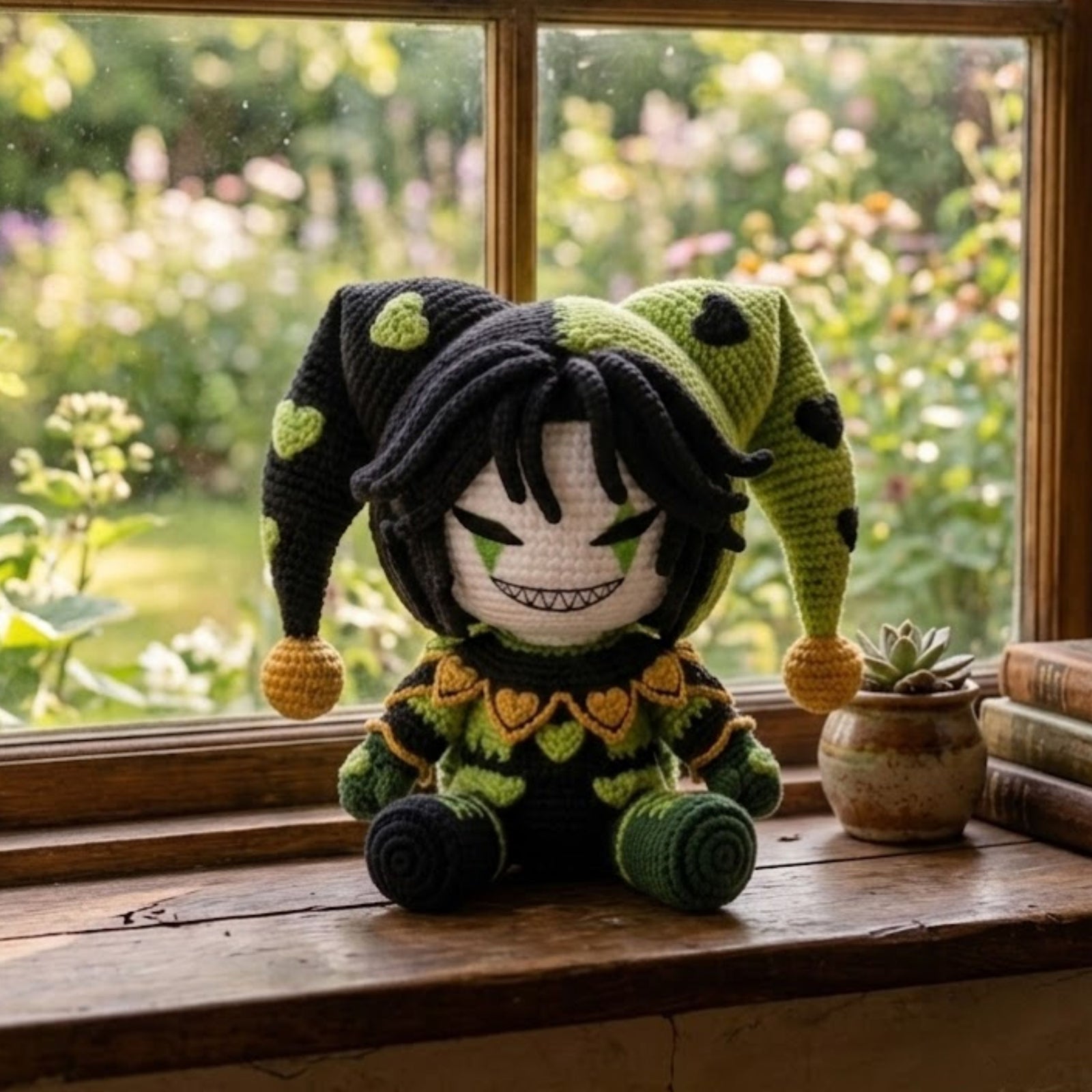 Crochet Jester Doll Amigurumi Plush, Handmade Green Black Stuffed Toy, Cute Gothic Nursery Decor, Custom 4-12 Inch Gift For Kids Room Plush