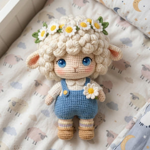 Crochet Lamb Plush, Handmade Amigurumi Sheep Doll With Daisy Flower Crown, Blue Overalls, Cottagecore Nursery Toy, 4-12 Inch Baby Gift Dolls