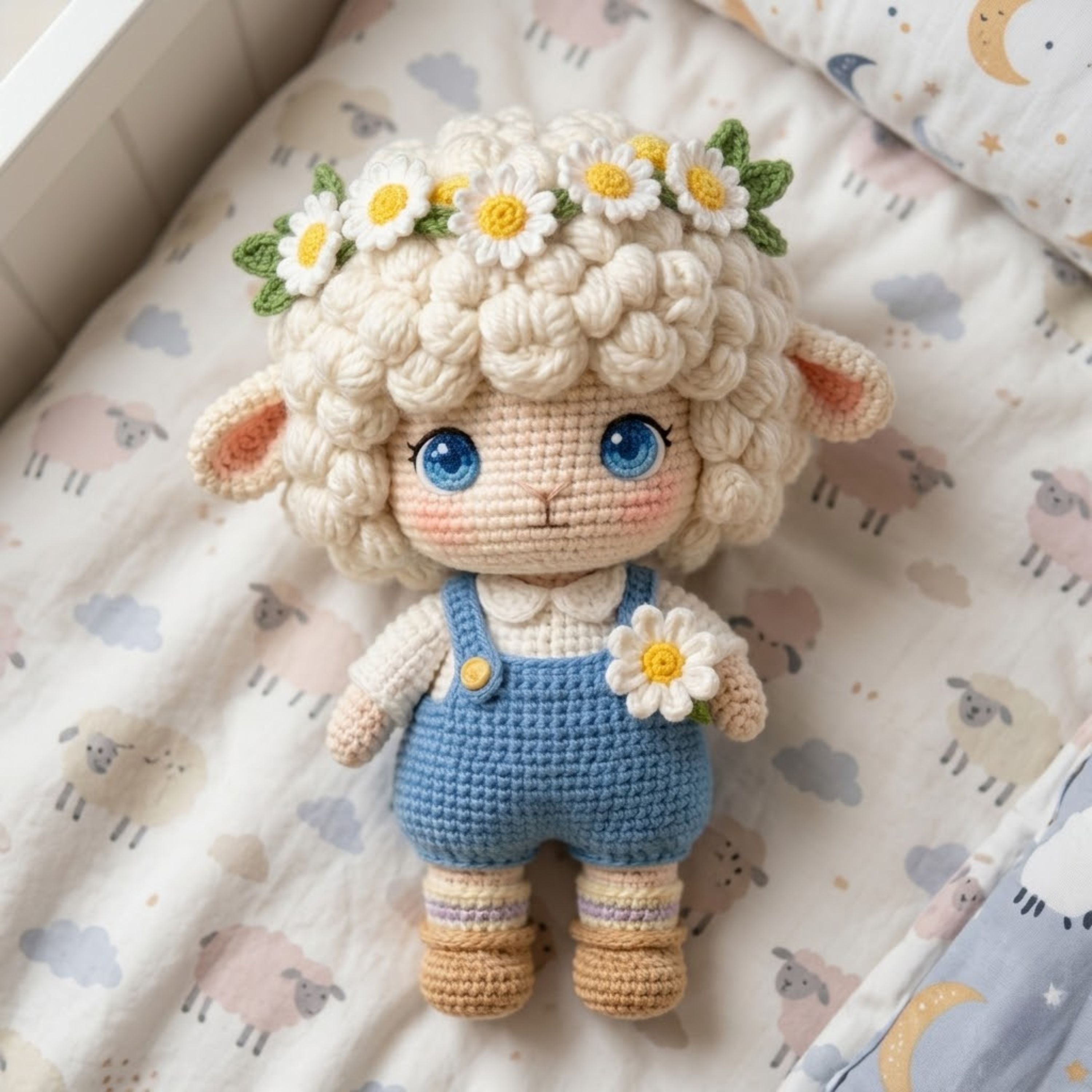 Crochet Lamb Plush, Handmade Amigurumi Sheep Doll With Daisy Flower Crown, Blue Overalls, Cottagecore Nursery Toy, 4-12 Inch Baby Gift Dolls