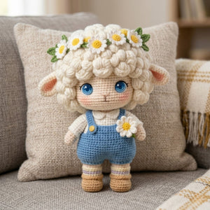 Crochet Lamb Plush, Handmade Amigurumi Sheep Doll With Daisy Flower Crown, Blue Overalls, Cottagecore Nursery Toy, 4-12 Inch Baby Gift Dolls
