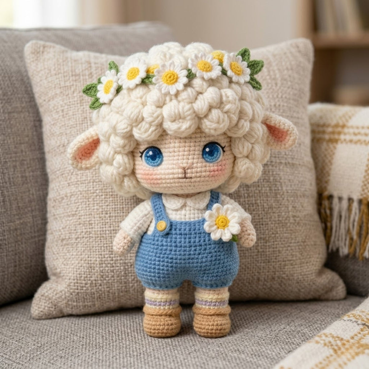 Crochet Lamb Plush, Handmade Amigurumi Sheep Doll With Daisy Flower Crown, Blue Overalls, Cottagecore Nursery Toy, 4-12 Inch Baby Gift Dolls