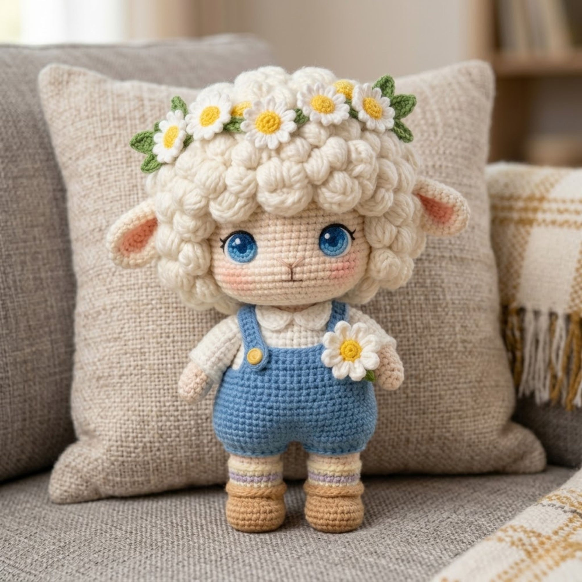 Crochet Lamb Plush, Handmade Amigurumi Sheep Doll With Daisy Flower Crown, Blue Overalls, Cottagecore Nursery Toy, 4-12 Inch Baby Gift Dolls