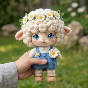 Crochet Lamb Plush, Handmade Amigurumi Sheep Doll With Daisy Flower Crown, Blue Overalls, Cottagecore Nursery Toy, 4-12 Inch Baby Gift Dolls