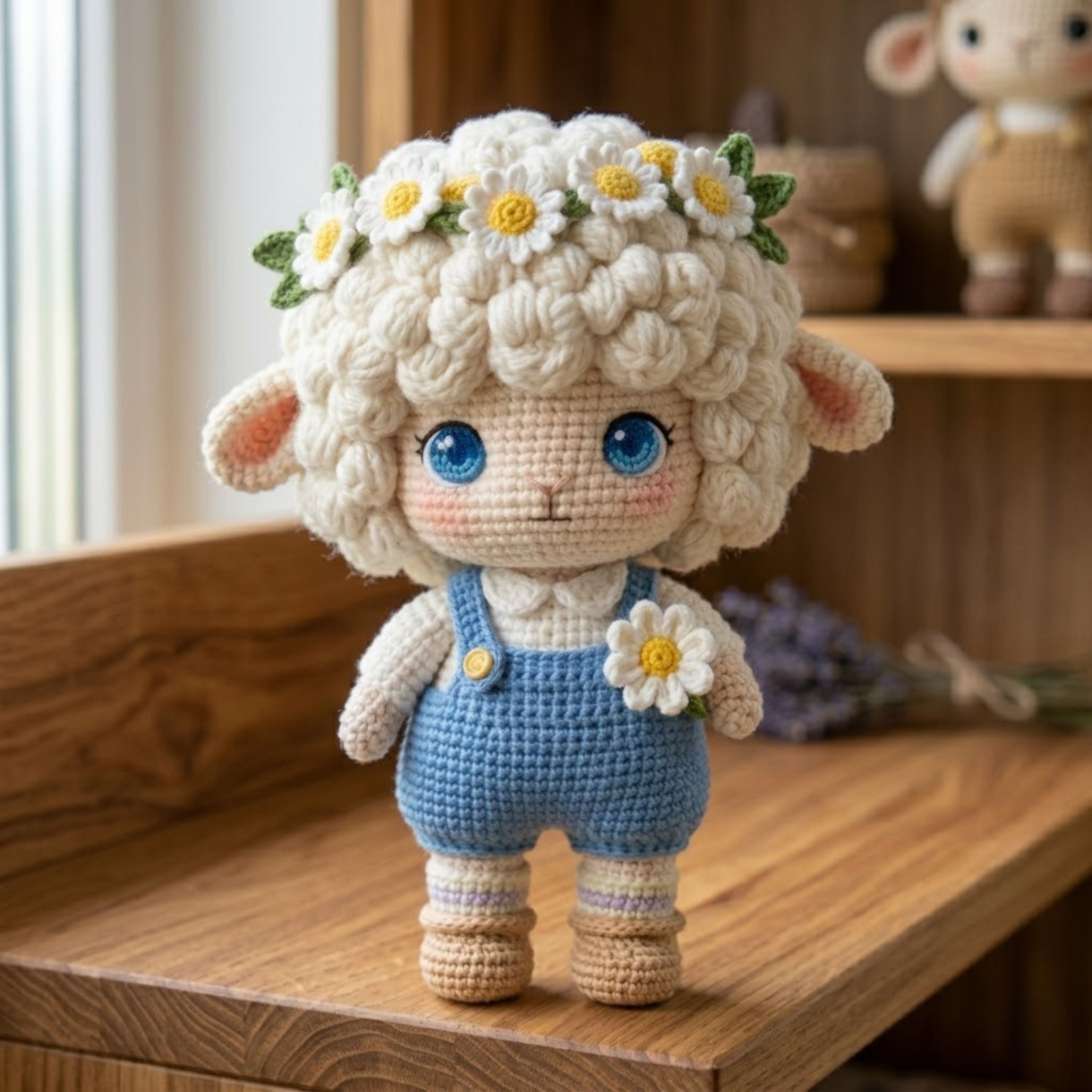 Crochet Lamb Plush, Handmade Amigurumi Sheep Doll With Daisy Flower Crown, Blue Overalls, Cottagecore Nursery Toy, 4-12 Inch Baby Gift Dolls
