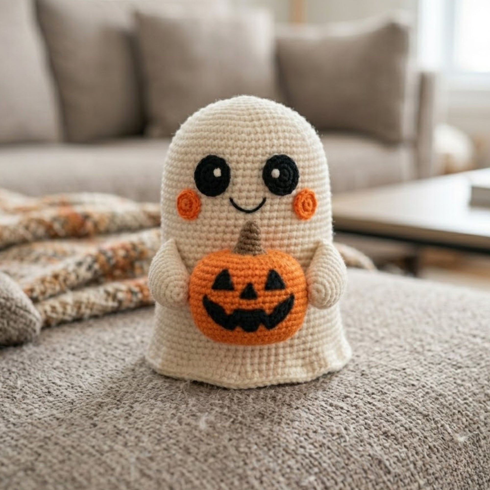 Crochet Ghost Pumpkin Amigurumi Plush, Handmade Halloween Stuffed Toy, Cute Fall Nursery Decor, Custom 4-12 Inch Soft Gift For Kids Room Toy