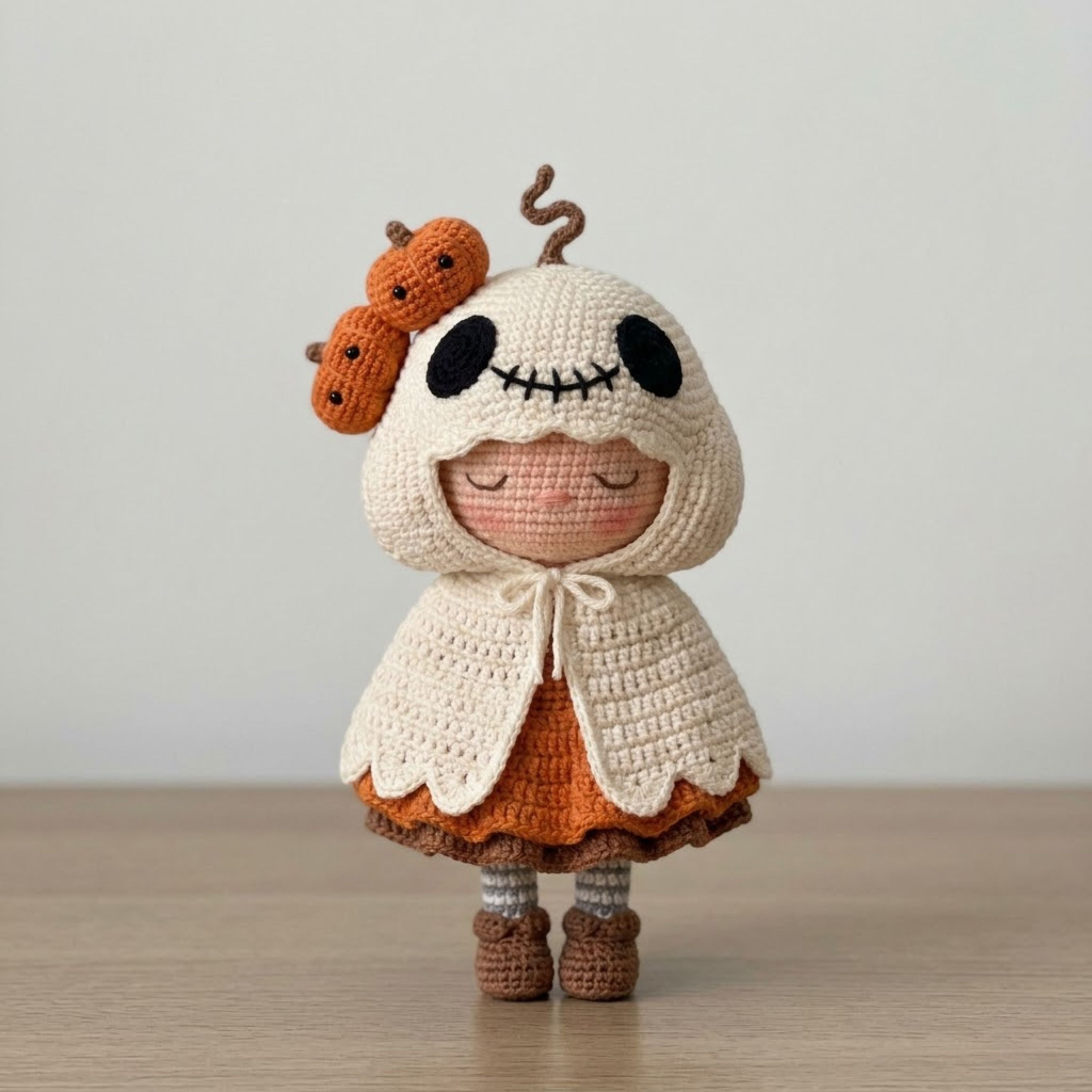 Crochet Ghost Girl Doll, Handmade Amigurumi Halloween Plush With Pumpkin Hood, Spooky Cute Nursery Toy, Kawaii 4-12 Inch Fall Gift Decor Toy