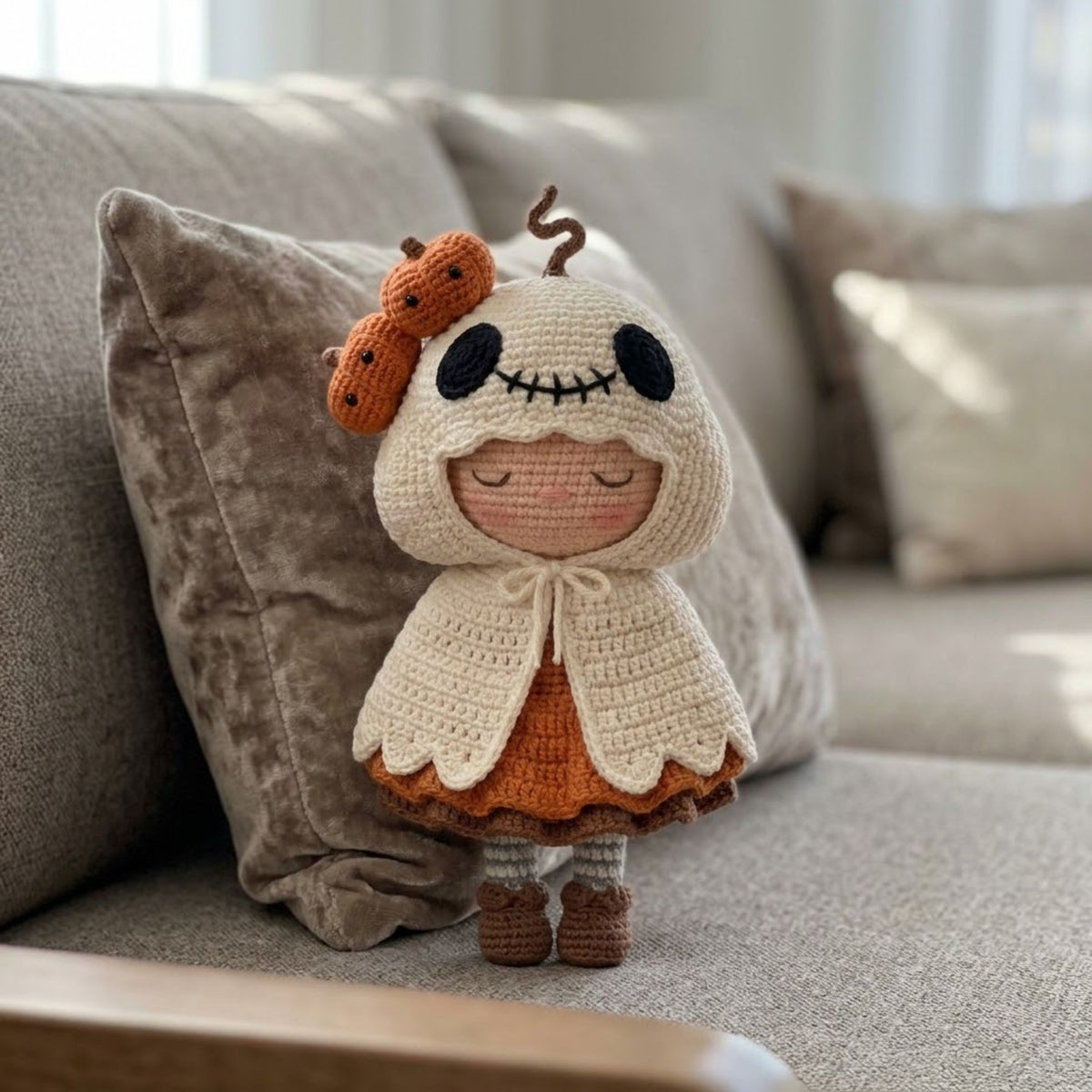 Crochet Ghost Girl Doll, Handmade Amigurumi Halloween Plush With Pumpkin Hood, Spooky Cute Nursery Toy, Kawaii 4-12 Inch Fall Gift Decor Toy